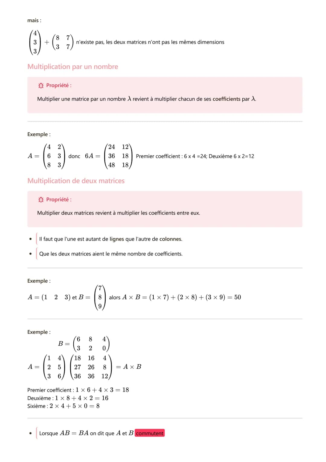 Matrices graphes partie 1
#mathématiques
Rappel L'addition
commutative B+ A = A + B
associative A+ (B+C) = (A + B) + C
A x B= 0 ne signifie 