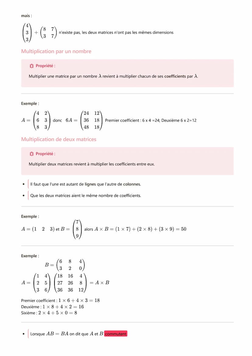 Matrices graphes partie 1
#mathématiques
Rappel L'addition
commutative B+ A = A + B
associative A+ (B+C) = (A + B) + C
A x B= 0 ne signifie 