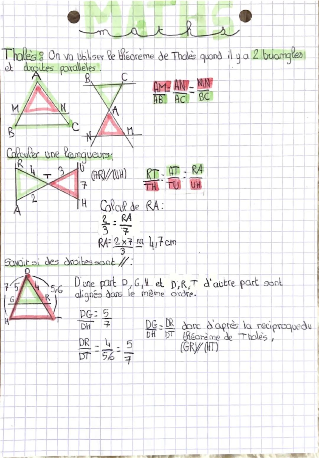 m
Thales: On va ubiliser le théorème de Thales quand il y a 2 triangles
et droites paralleles
B
C
M
$
\frac{AM}{AB} = \frac{AN}{AC} = \frac{