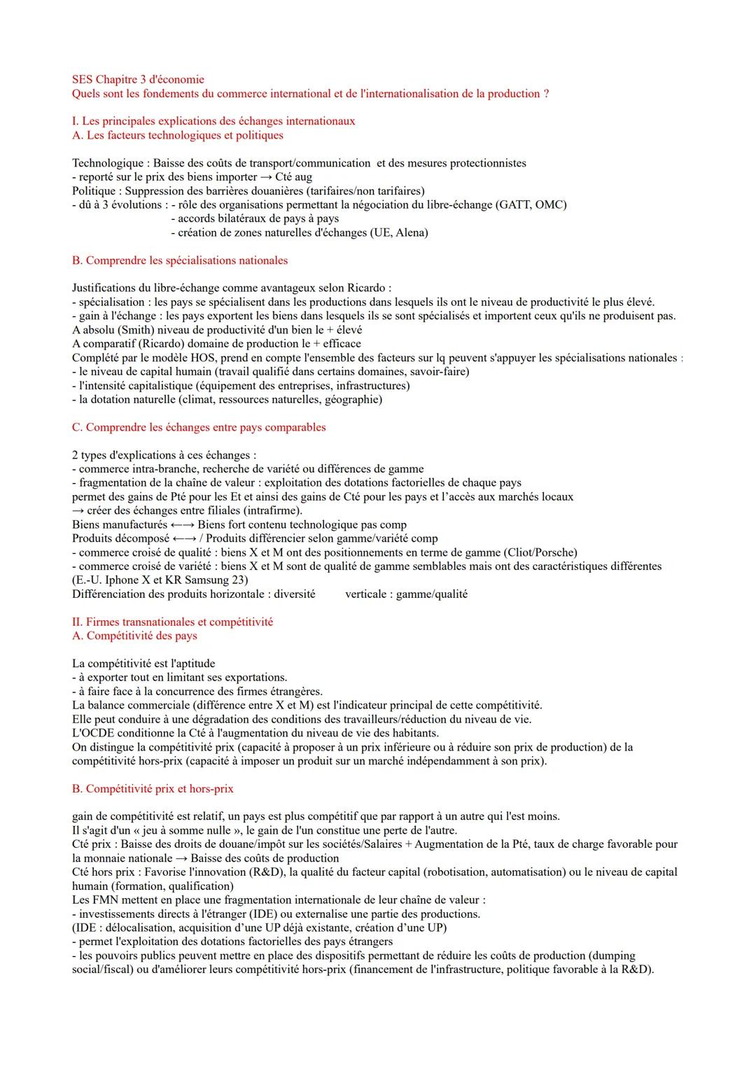 SES Chapitre 3 d'économie
Quels sont les fondements du commerce international et de l'internationalisation de la production?

1. Les princip