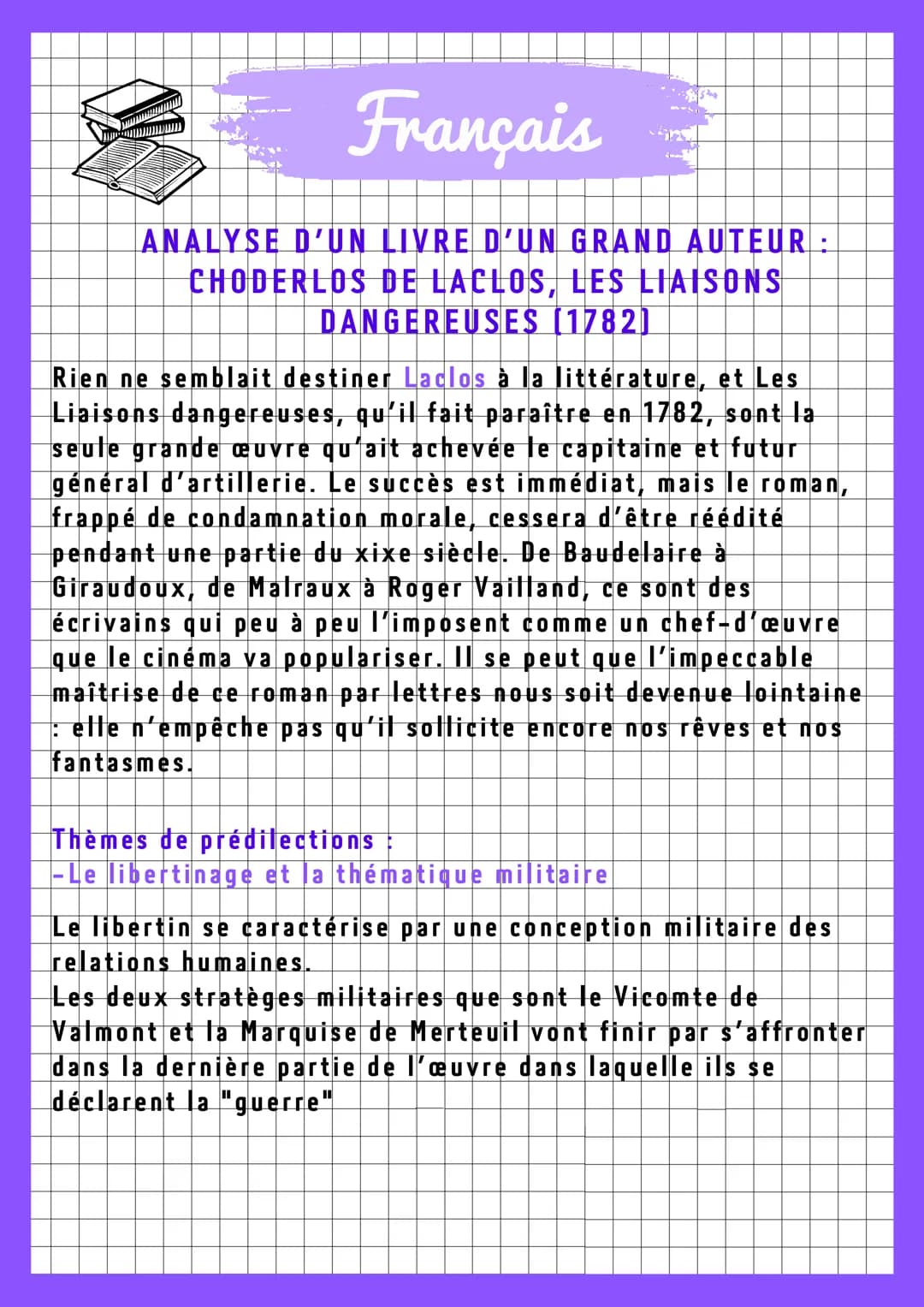 Français
ANALYSE D'UN LIVRE D'UN GRAND AUTEUR :
CHODERLOS DE LACLOS, LES LIAISONS
DANGEREUSES [1782]
sant
Introduction:
Publié en 1782 et éc