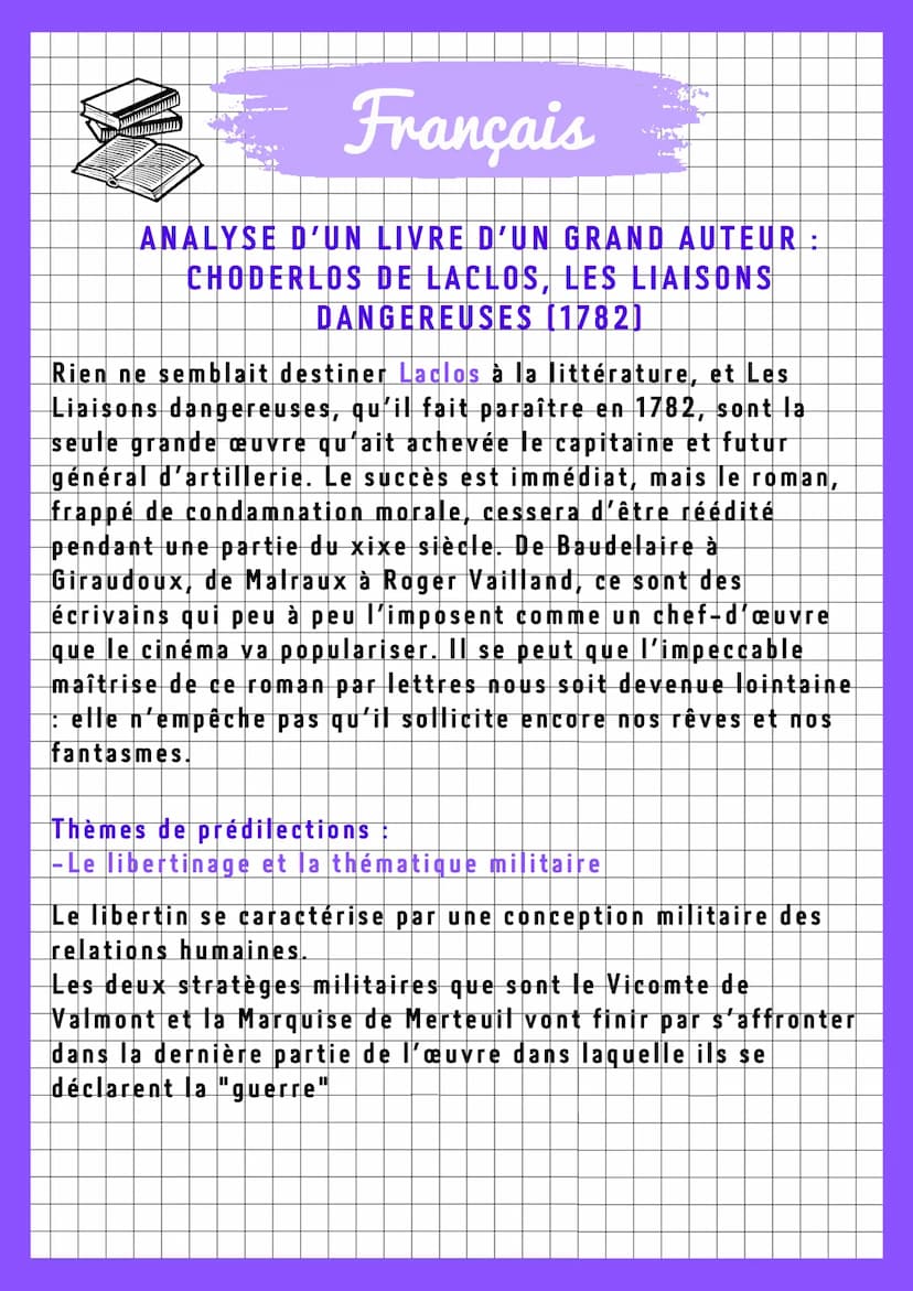 Français
ANALYSE D'UN LIVRE D'UN GRAND AUTEUR :
CHODERLOS DE LACLOS, LES LIAISONS
DANGEREUSES [1782]
sant
Introduction:
Publié en 1782 et éc