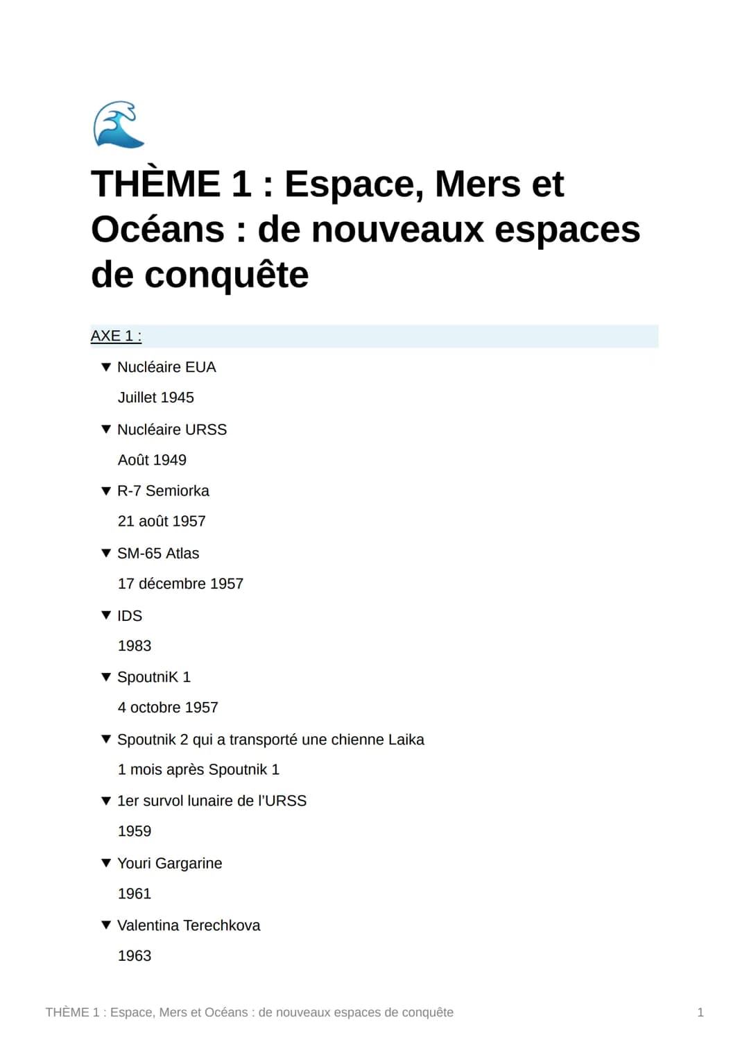 THÈME 1: Espace, Mers et
Océans : de nouveaux espaces
de conquête
AXE 1:
▾ Nucléaire EUA
Juillet 1945
▼ Nucléaire URSS
Août 1949
▼ R-7 Semio