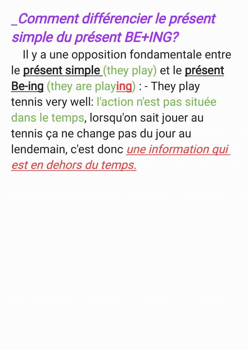 Anglais
Présent BE+ING
_Quand l'utiliser?
On emploie le présent BE+ING pour
décrire une action en cours de
déroulement,pour préciser la posi