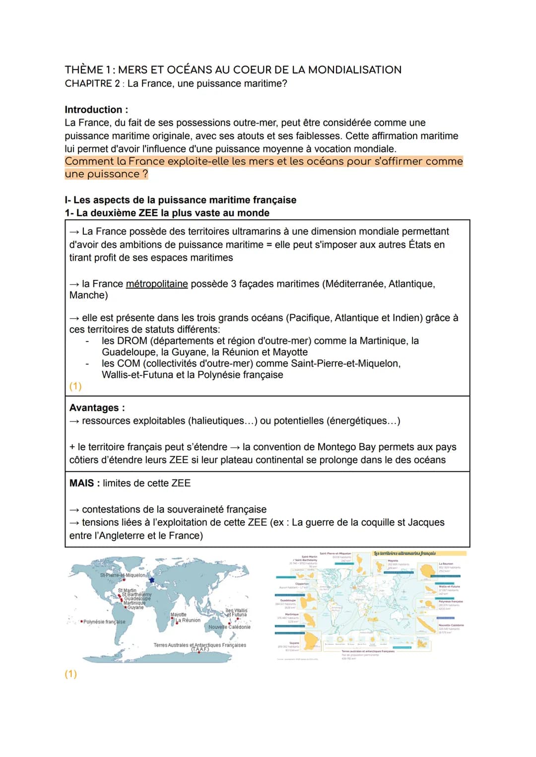 THÈME 1: MERS ET OCÉANS AU COEUR DE LA MONDIALISATION
CHAPITRE 2 : La France, une puissance maritime?
Introduction :
La France, du fait de s