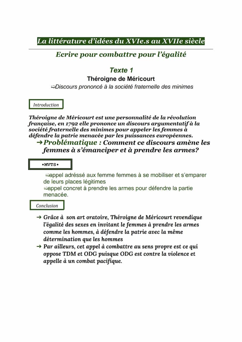 SEQUENCE 1 - ECRIRE ET COMBATTRE POUR L'EGALITE
SEANCE 3 - Lecture linéaire
Texte 1
Théroigne de Méricourt, « Discours prononcé à la société