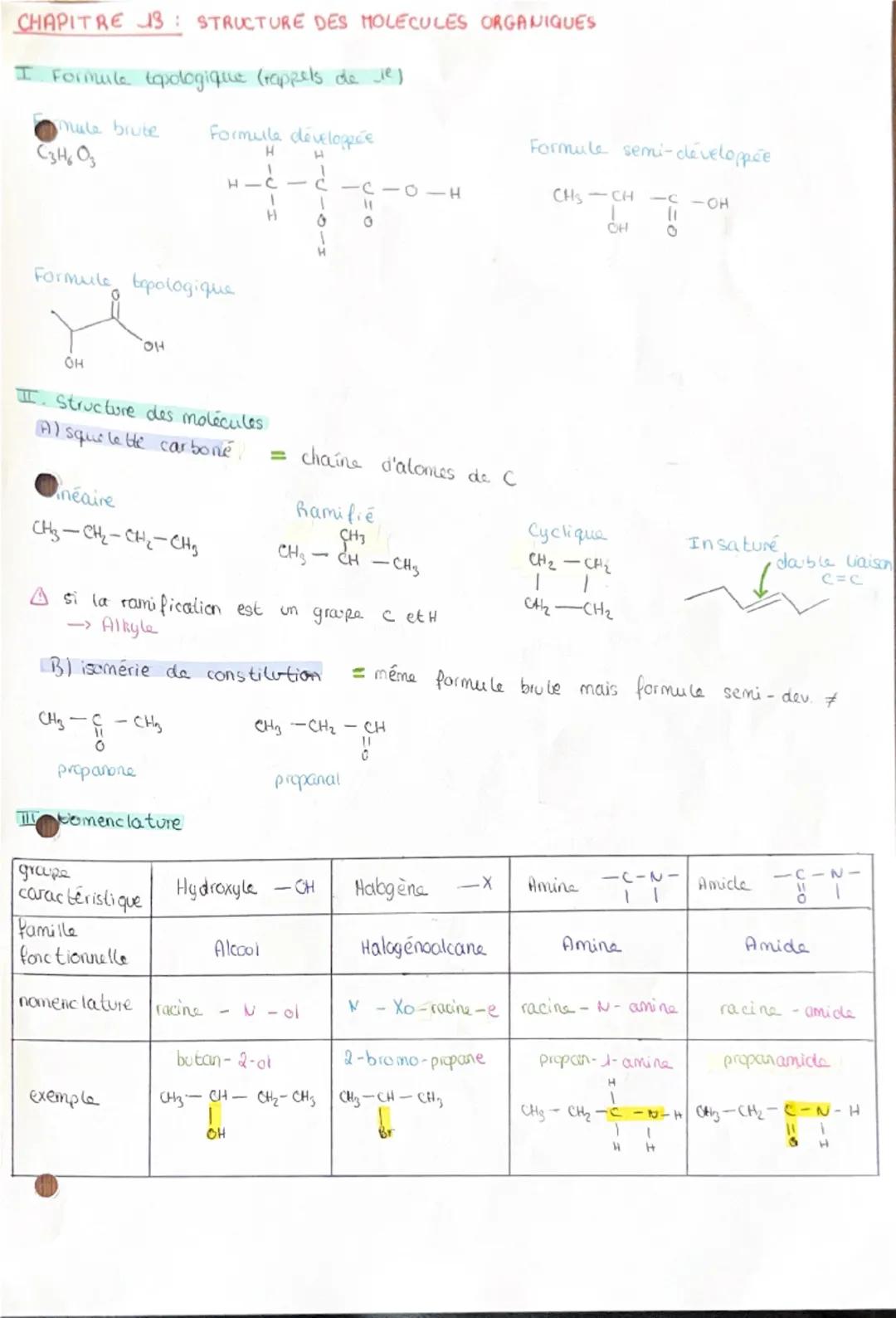 # CHAPITRE 13 STRUCTURE DES MOLECULES ORGANIQUES

I Formule topologique (rappels de je)

Mule brute
C3HO
Formule développée

Formule semi-cd