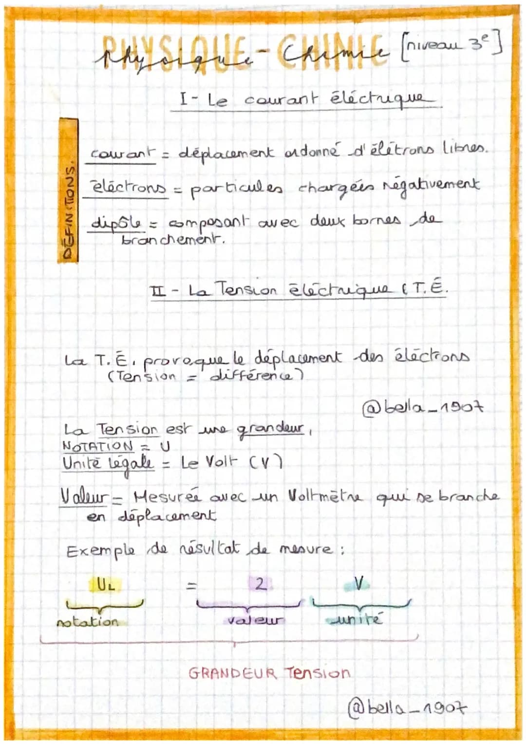 DEFINITIONS.
PAYSIQUE-CHIMUe [niveau 3°]
I- Le courant éléctrique
courant = déplacement ordonne d'élétrons libres.
electrons = particules ch