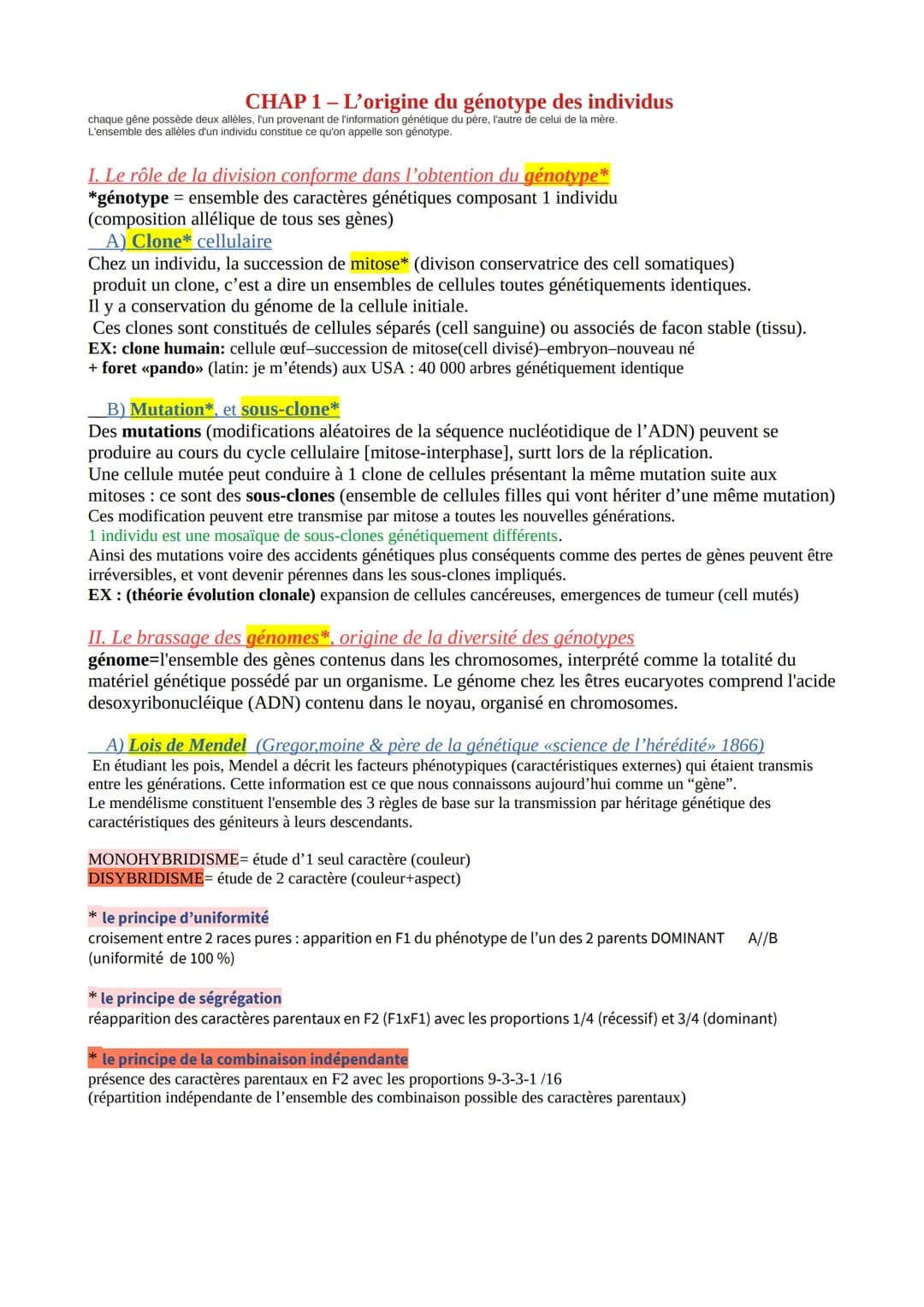 CHAP 1- L'origine du génotype des individus
chaque gêne possède deux allèles, l'un provenant de l'information génétique du père, l'autre de 