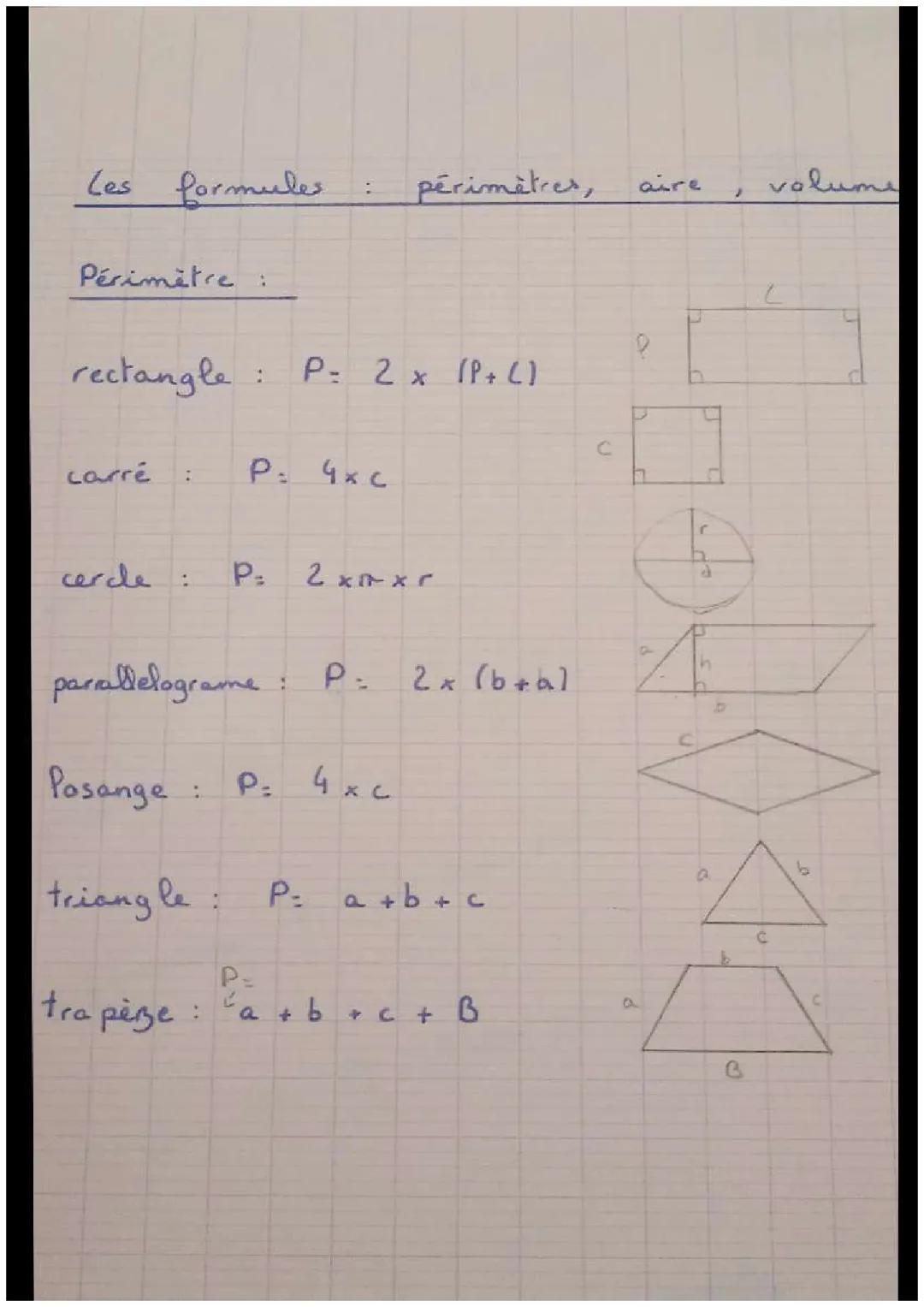 Les Formules de Périmètre, Aire et Volume en Géométrie