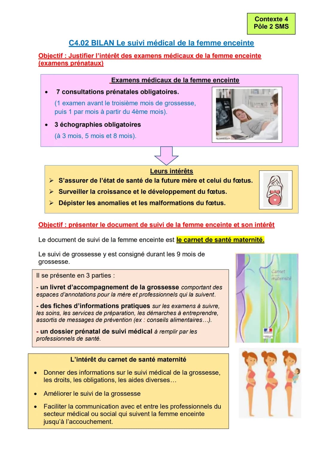 C4.02 BILAN Le suivi médical de la femme enceinte
Objectif : Justifier l'intérêt des examens médicaux de la femme enceinte
(examens prénatau