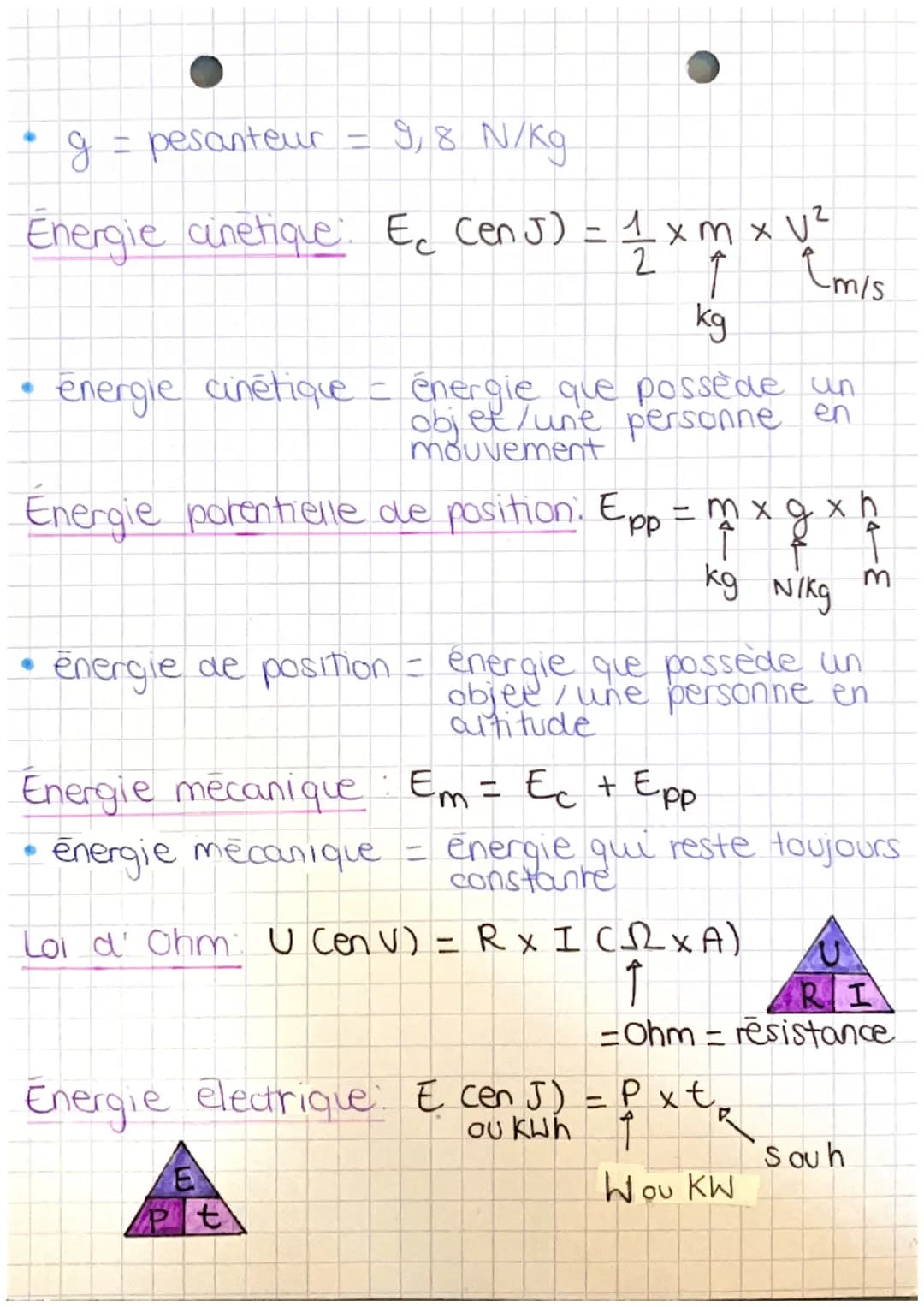 physique
Les Formules à retenir
Vitesse: V = a (S/M)
d Cm/km)
d
km/h m/s = + 3600 x 100
m/s km/h = x 3600÷100
a
• referenciel = objet /perso