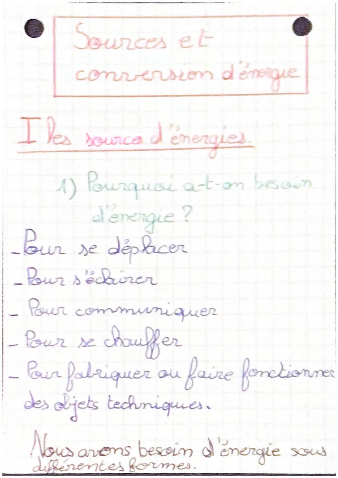 Sources et
conversion d'énergie

I les sources d'énergies.

1) Pourquoi a-t-on besoin.
d'energie?
- Pour se déplacer
- Pour s'éclairer
-
Pou