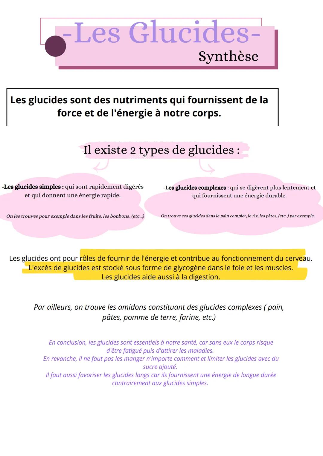 # -Les Glucides-
Synthèse

Les glucides sont des nutriments qui fournissent de la
force et de l'énergie à notre corps.

Il existe 2 types de
