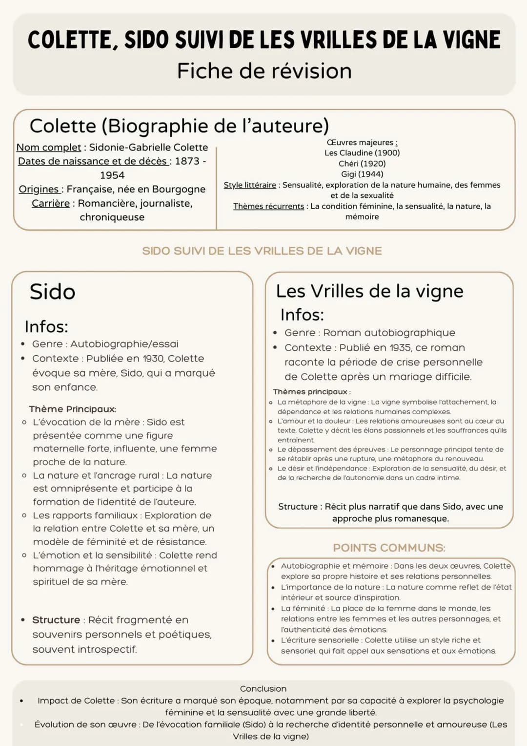 COLETTE, SIDO SUIVI DE LES VRILLES DE LA VIGNE
Fiche de révision
Colette (Biographie de l'auteure)
Nom complet: Sidonie-Gabrielle Colette
Da