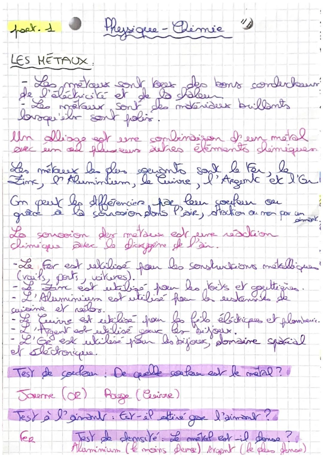 # fork. I

# LES MÉTAUX.

Pheysique - Dimie"

- Les métaux sont bees des bons condeckers
de l'électricité et de to chaleur
- Les métaur sont