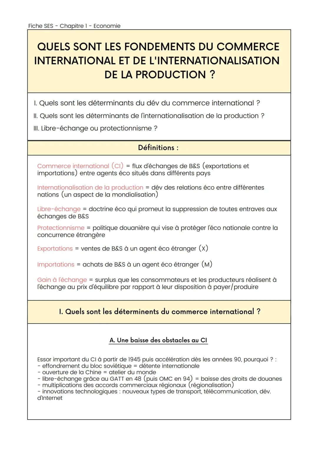 Fiche SES- Chapitre 1 - Economie
QUELS SONT LES FONDEMENTS DU COMMERCE
INTERNATIONAL ET DE L'INTERNATIONALISATION
DE LA PRODUCTION ?
1. Quel