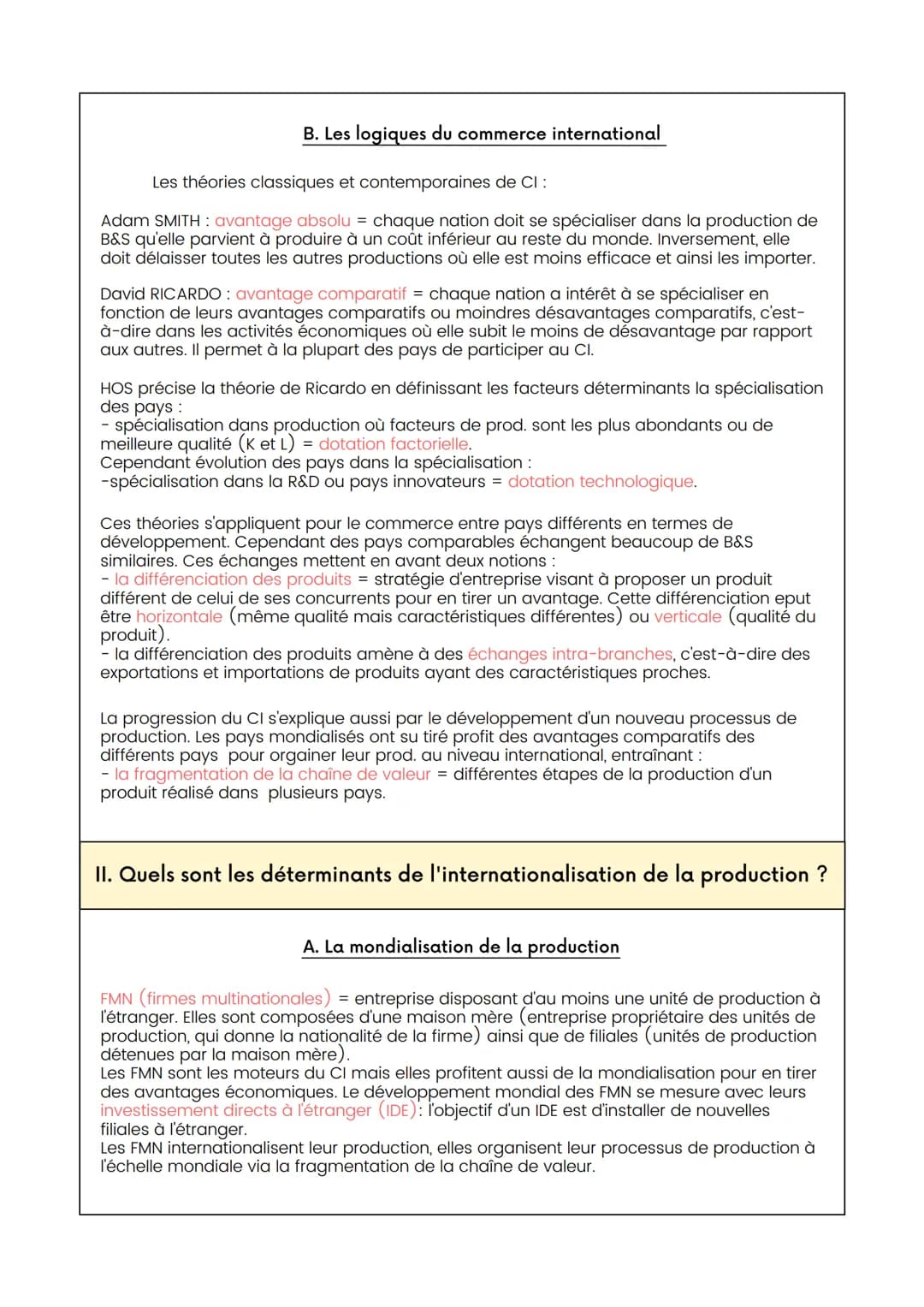 Fiche SES- Chapitre 1 - Economie
QUELS SONT LES FONDEMENTS DU COMMERCE
INTERNATIONAL ET DE L'INTERNATIONALISATION
DE LA PRODUCTION ?
1. Quel