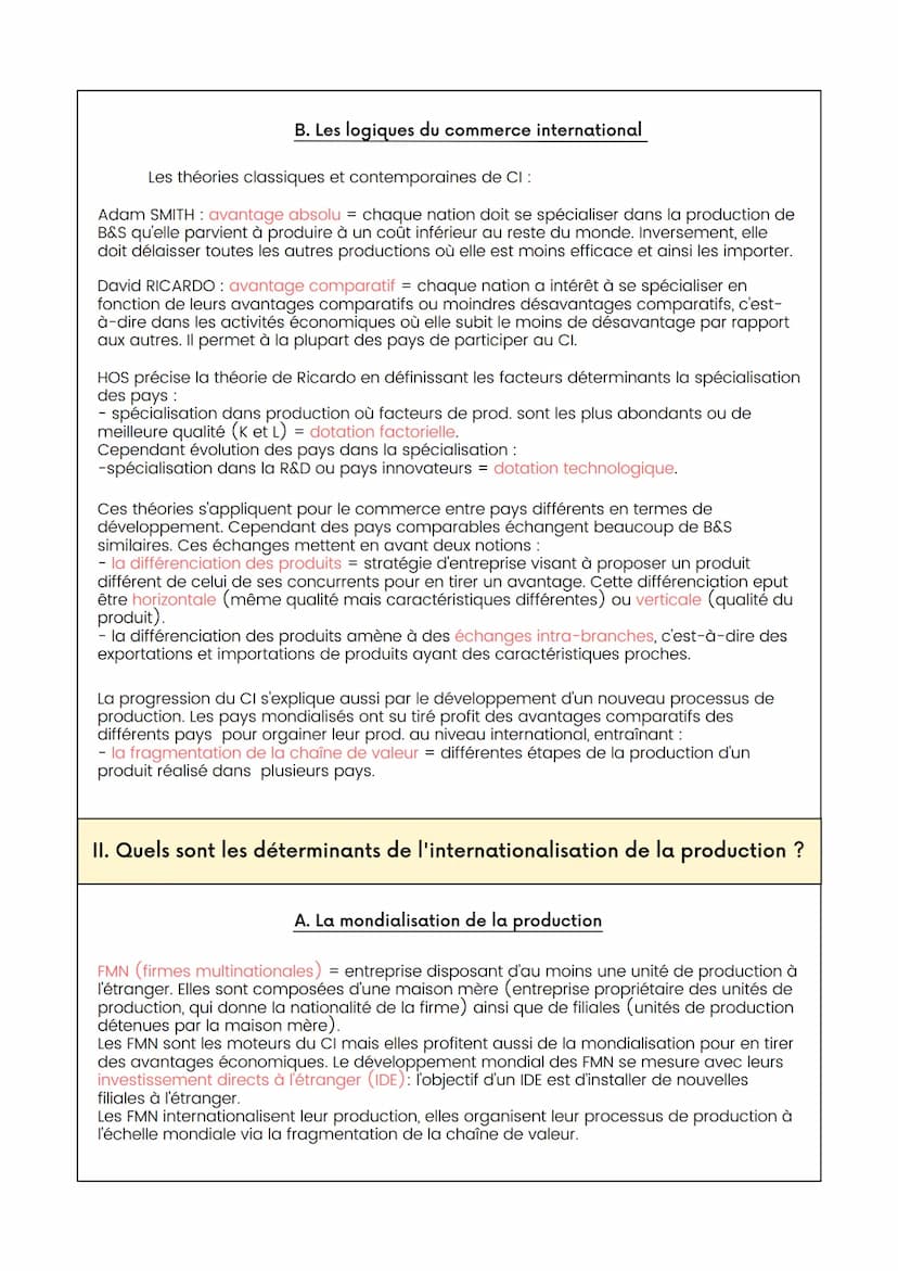 Fiche SES- Chapitre 1 - Economie
QUELS SONT LES FONDEMENTS DU COMMERCE
INTERNATIONAL ET DE L'INTERNATIONALISATION
DE LA PRODUCTION ?
1. Quel