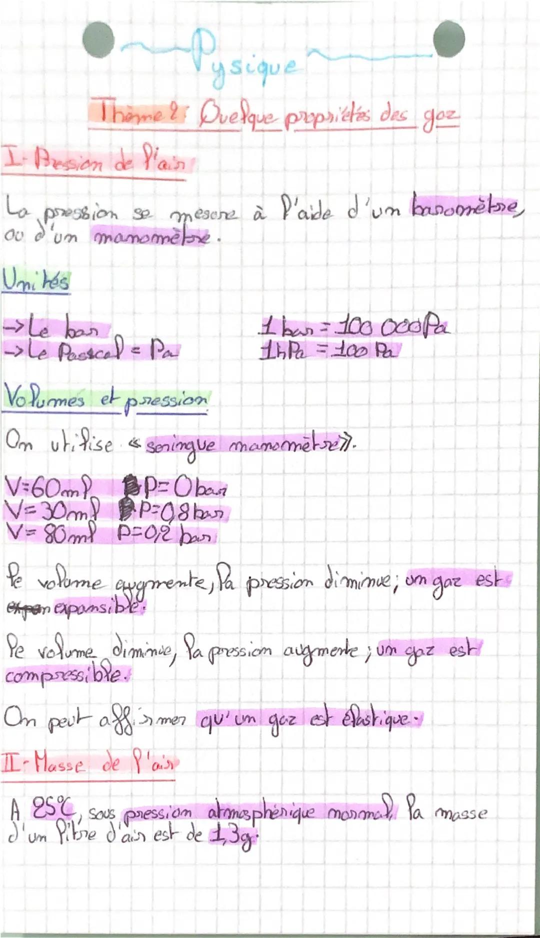 --- OCR Start ---
ysique
Thème ? Quelque propriétés des gaz
I-Bession de l'ais
La pression se mesore à l'aide d'un basomètre,
ou d'un mamomè