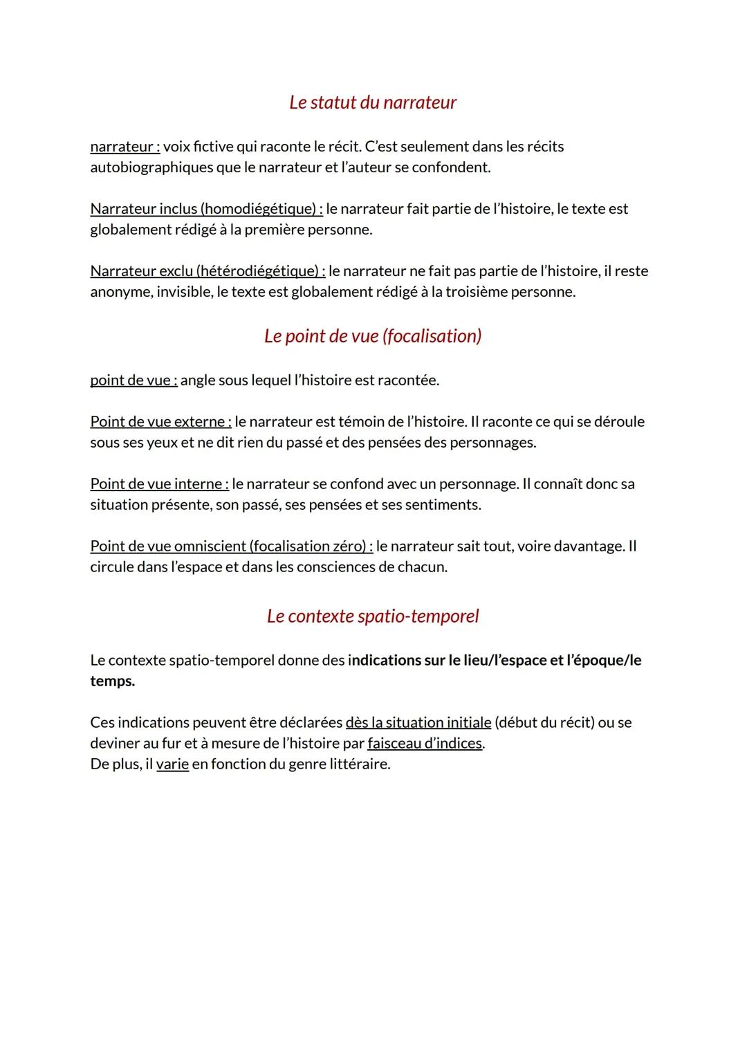 Le statut du narrateur, le point de vue et le contexte spatio-temporel - Français