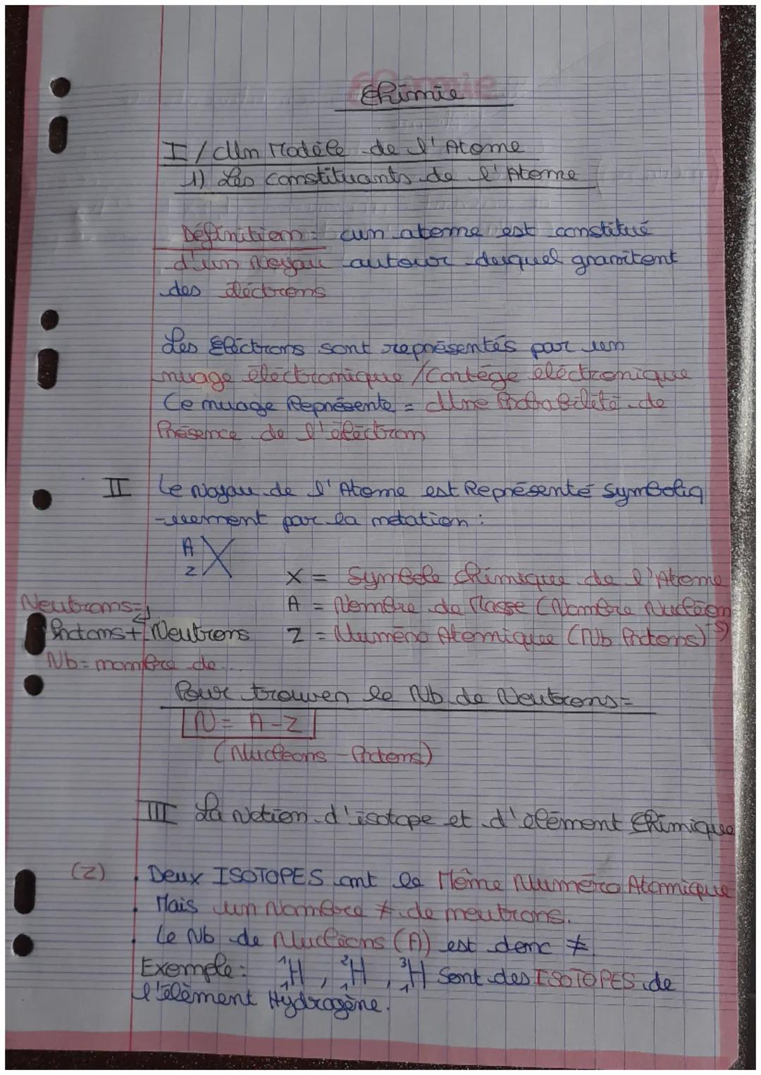 Neutroms
chimie
I/ cllm Modele de I' Atome
1) Les constituants de l' Atome
Definition cum atome est constitué
d'un Neyou autour duquel grani