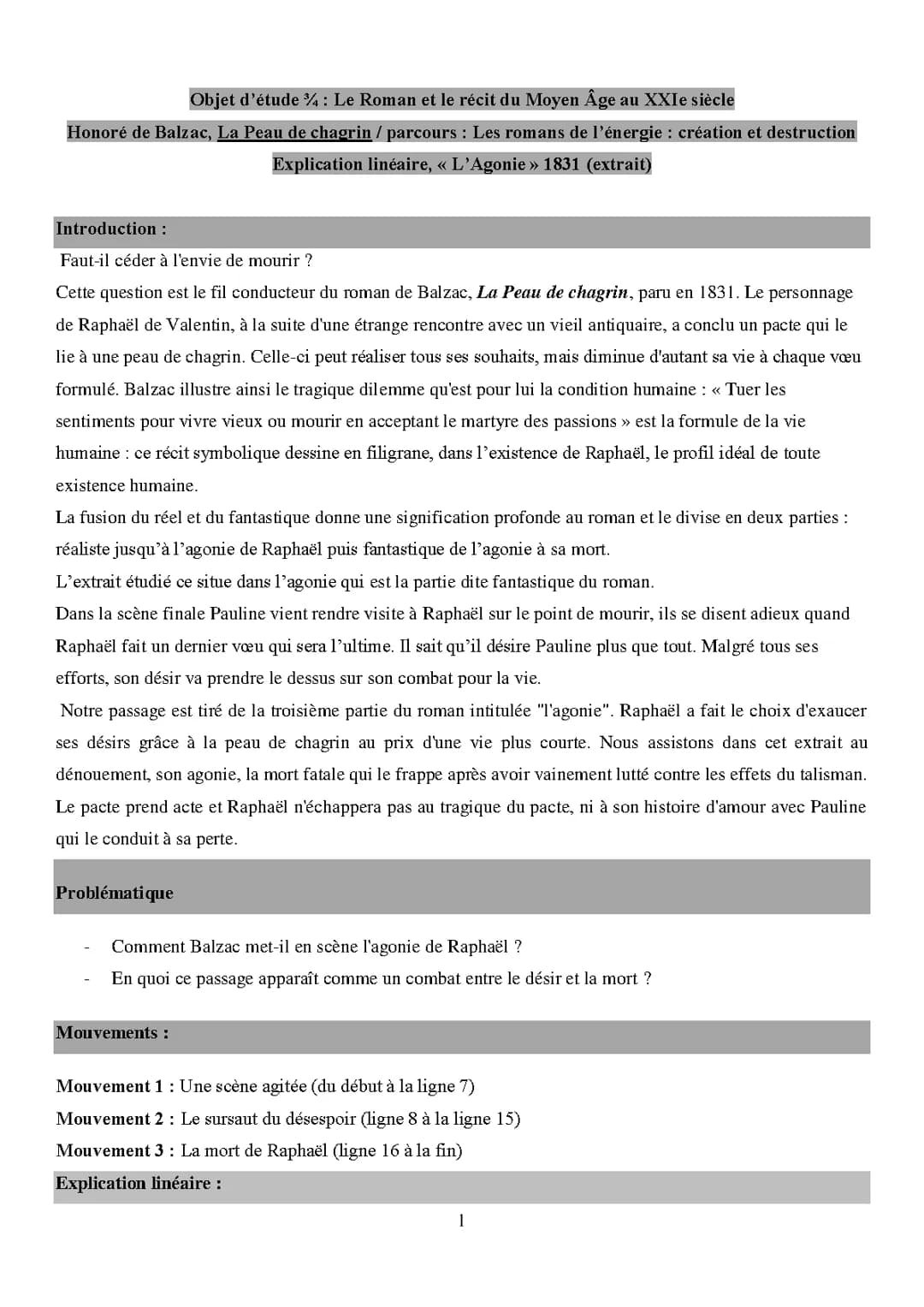 Analyse linéaire La Peau de chagrin: L'Agonie (1831)