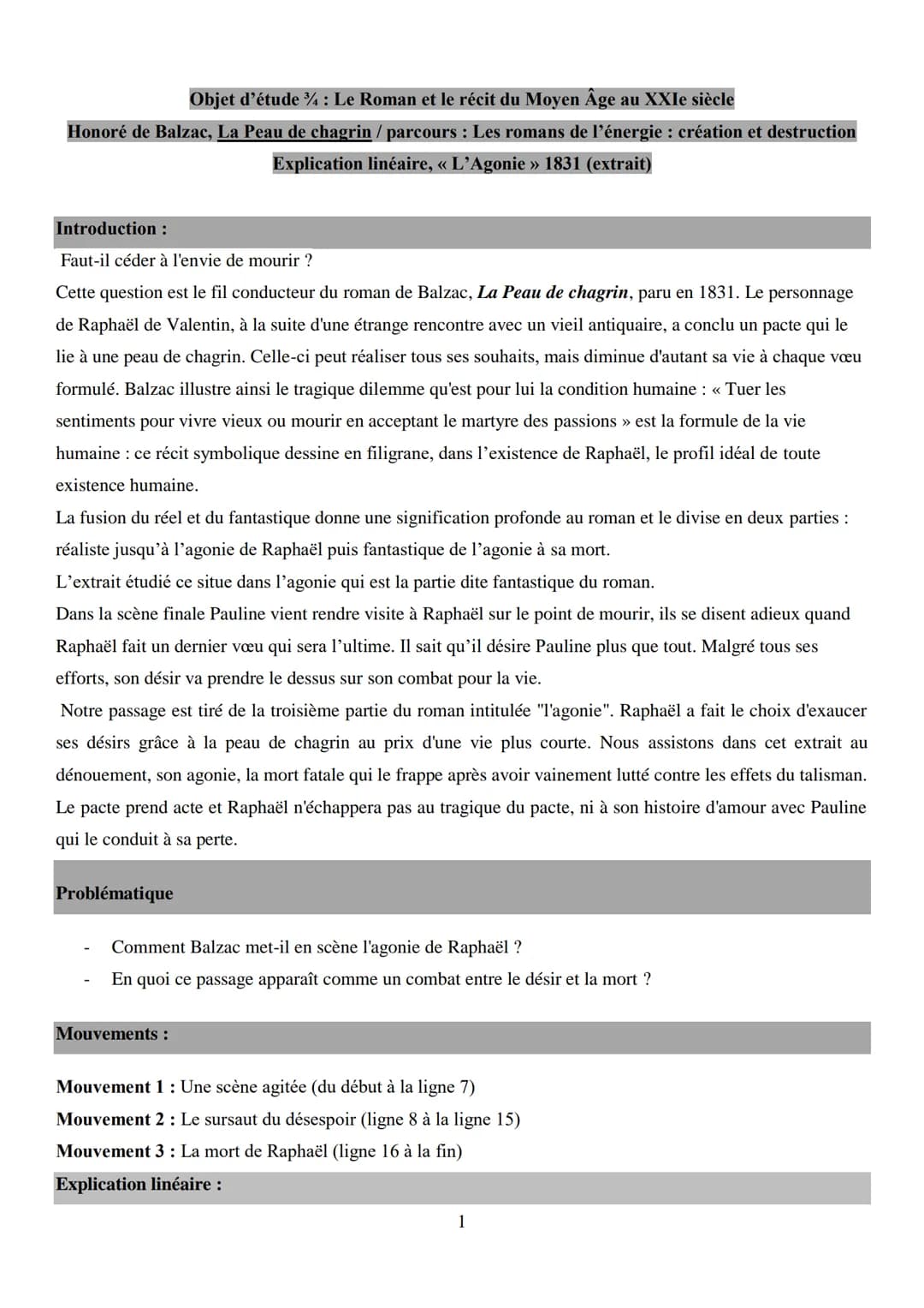 Objet d'étude ¾ : Le Roman et le récit du Moyen Âge au XXIe siècle
Honoré de Balzac, La Peau de chagrin / parcours : Les romans de l'énergie