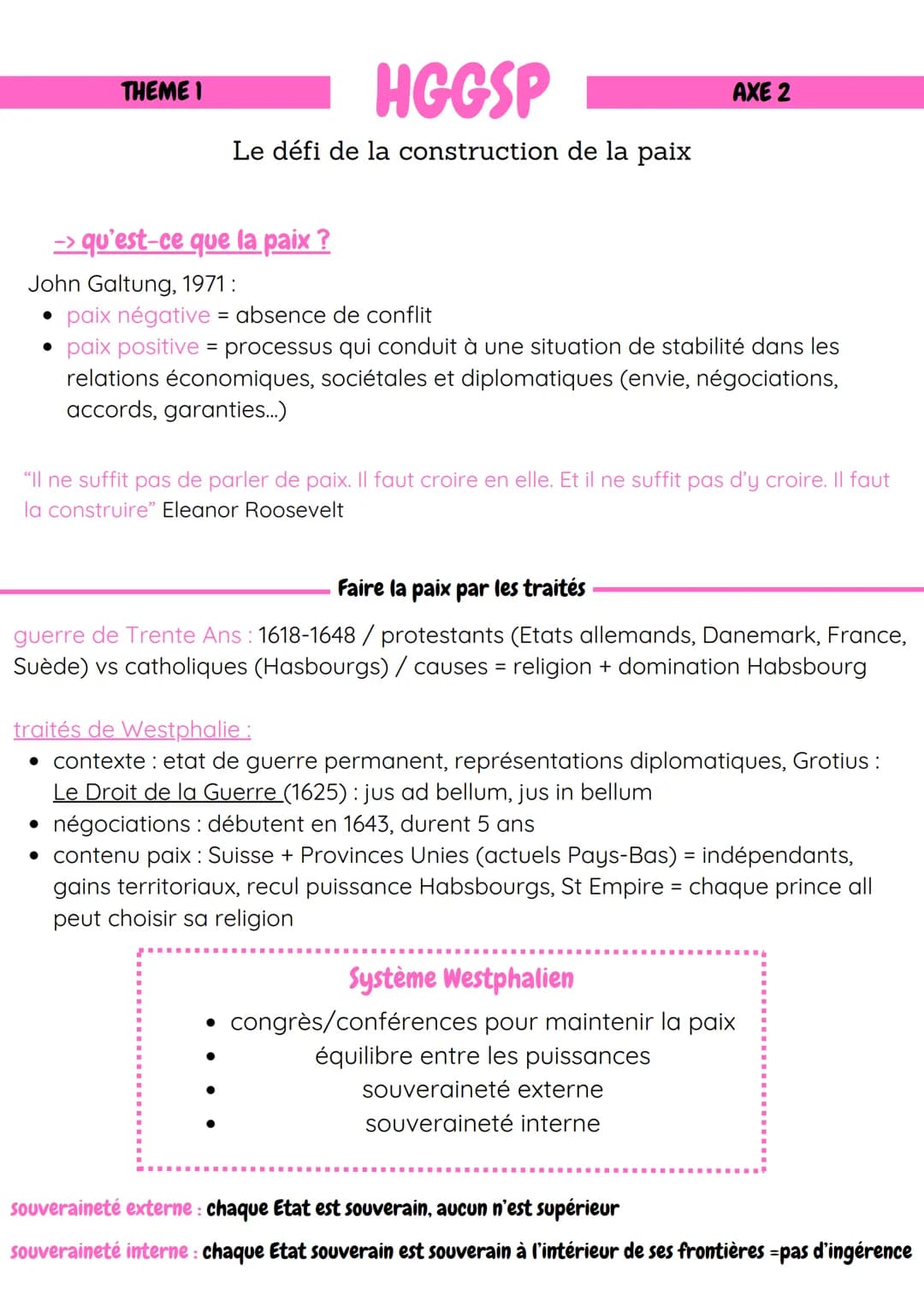 THEME 1
HGGSP
Le défi de la construction de la paix
-> qu'est-ce que la paix?
John Galtung, 1971:
paix négative = absence de conflit
AXE 2
p