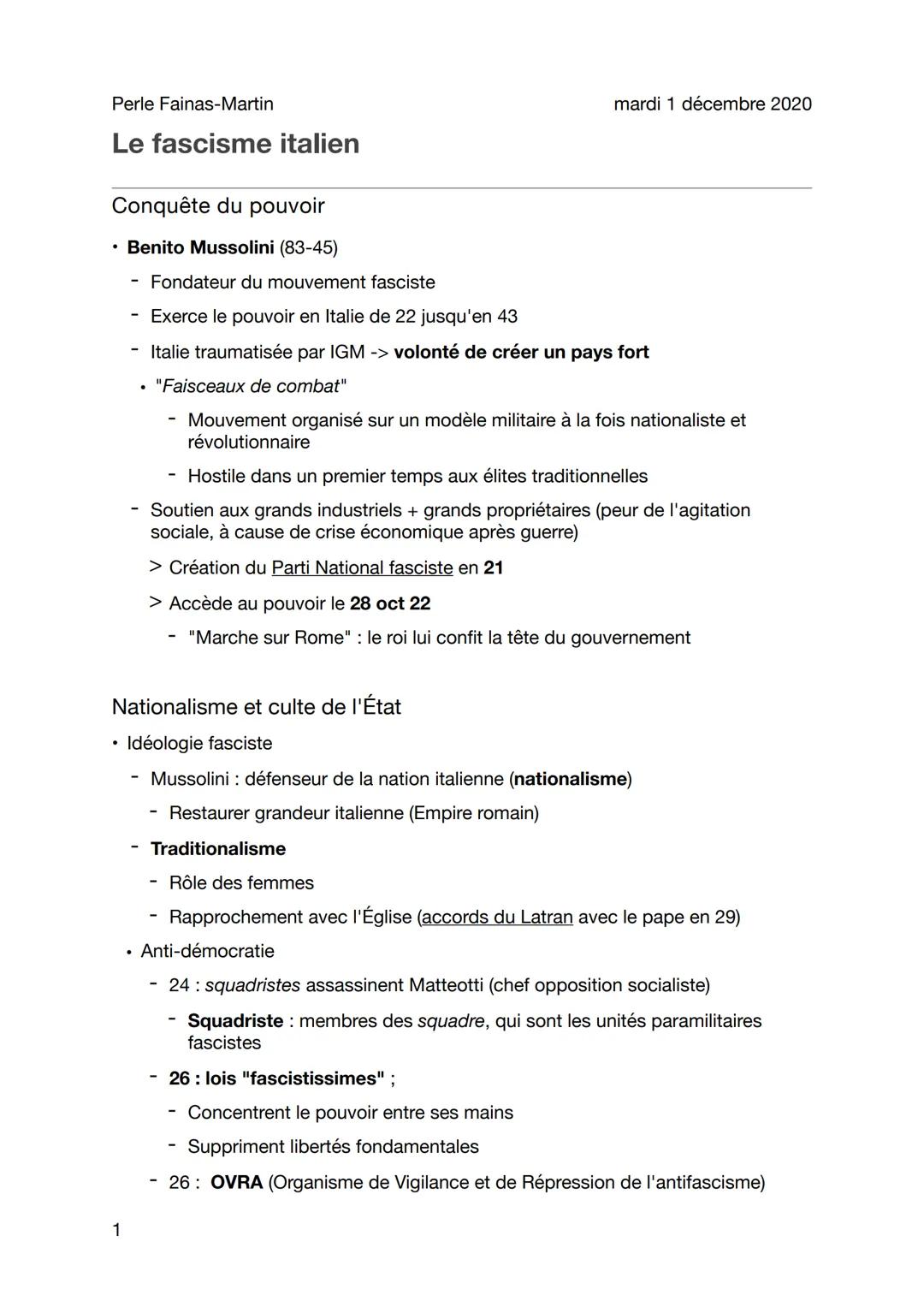 Perle Fainas-Martin
Le fascisme italien
Conquête du pouvoir
• Benito Mussolini (83-45)
mardi 1 décembre 2020
1
Fondateur du mouvement fascis