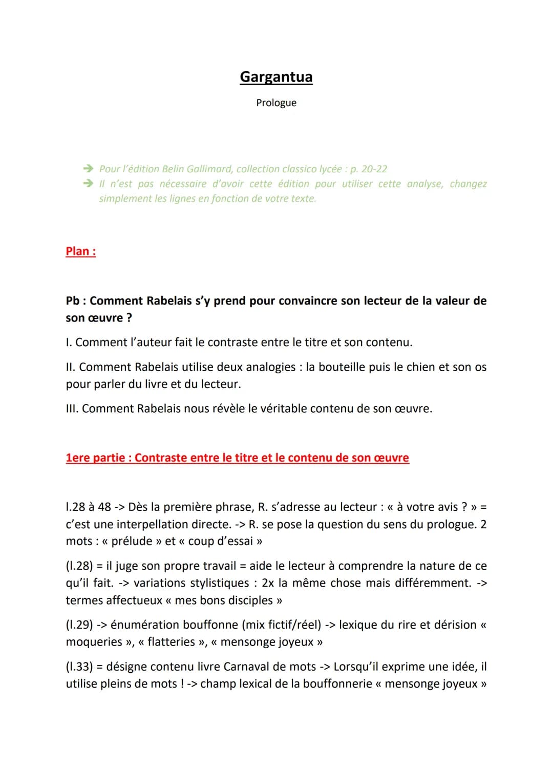 Gargantua
Prologue
→Pour l'édition Belin Gallimard, collection classico lycée: p. 20-22
➜ Il n'est pas nécessaire d'avoir cette édition pour