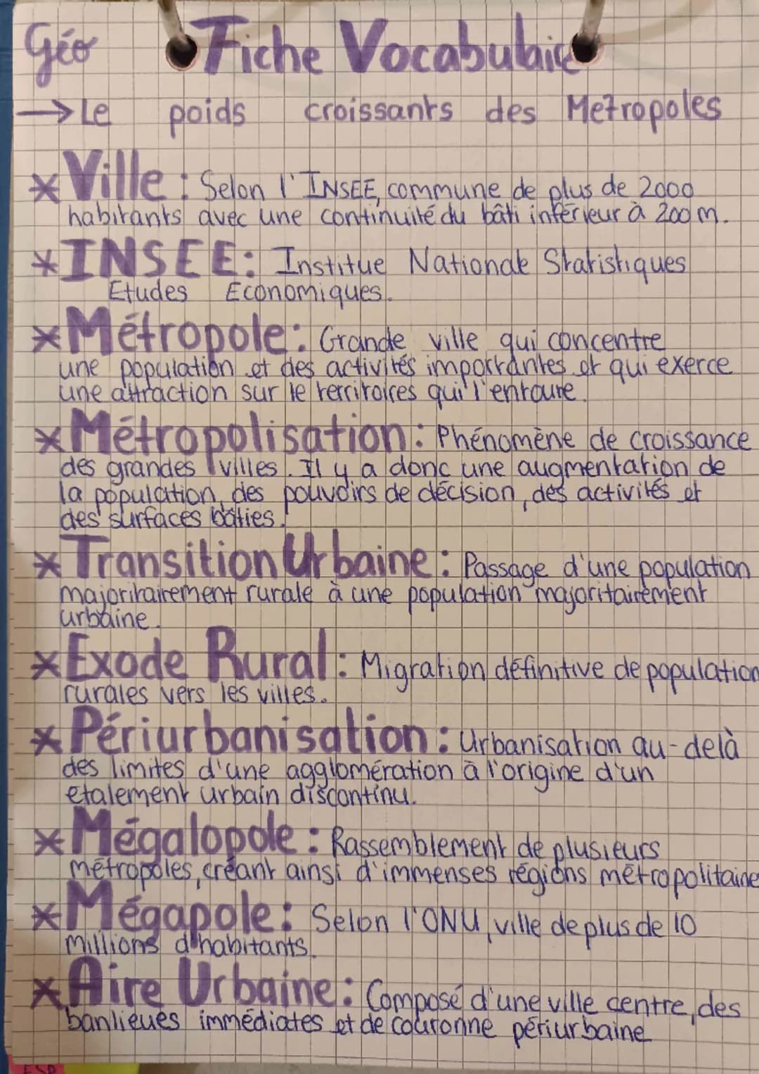 Géo
Geo Fiche Vocabulaire
Le poids croissants des Metropoles
* Ville : Selon l'INSEE, commune de plus de 2000.
habitants avec une continuité