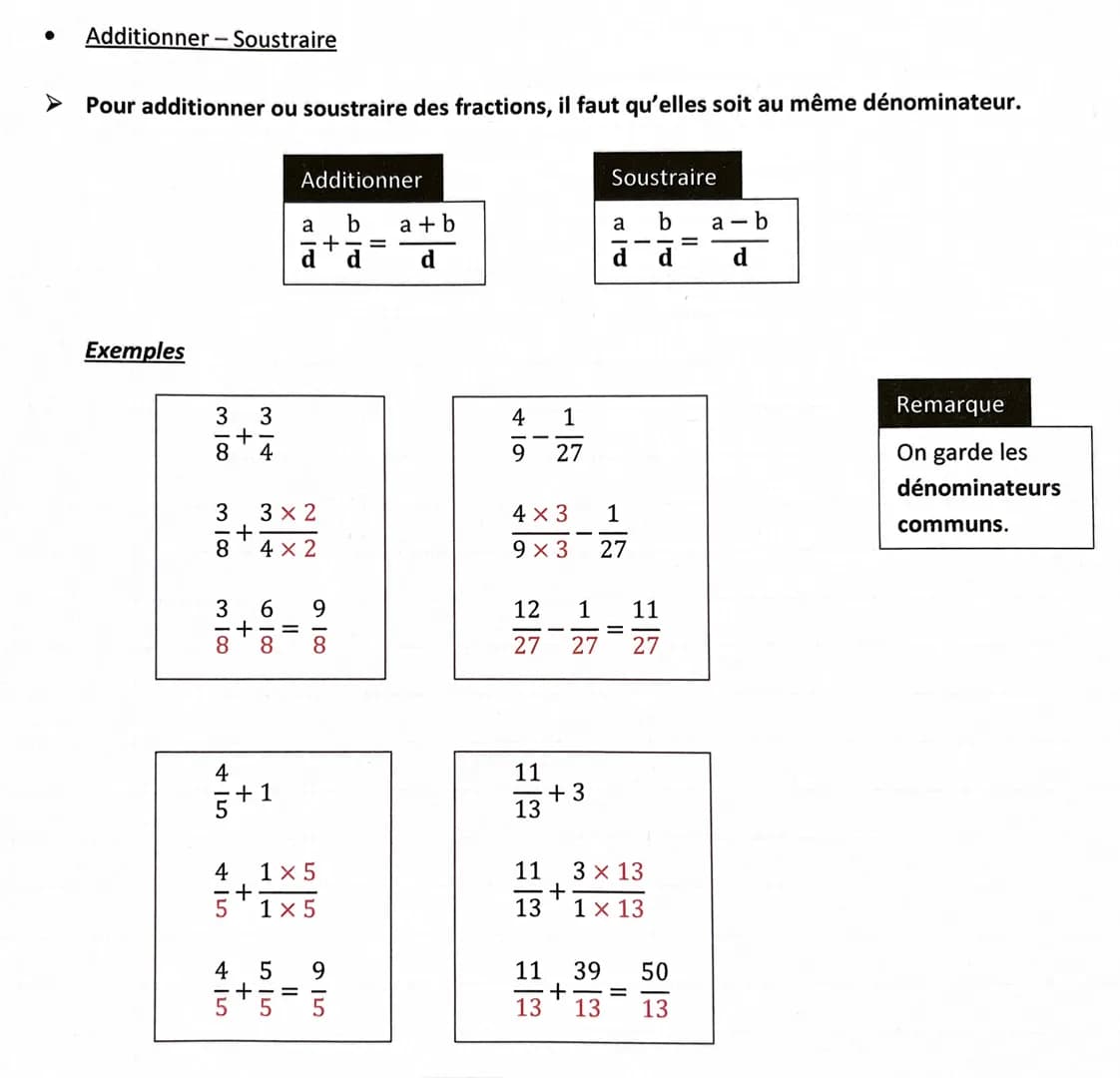 Additionner - Soustraire
Pour additionner ou soustraire des fractions, il faut qu'elles soit au même dénominateur.
Exemples
3 100
3 100
8 4
