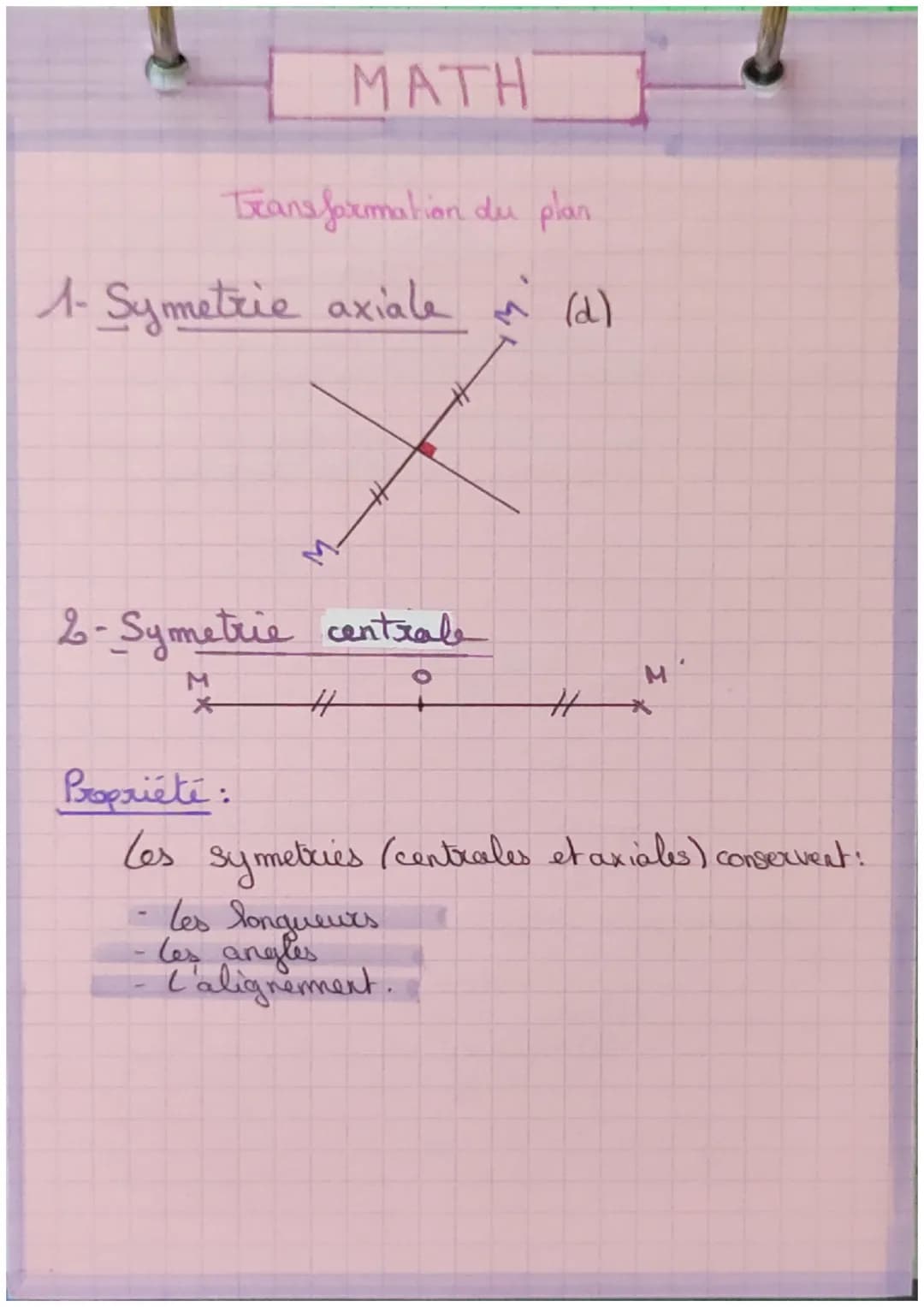 MATH
Transformation du plan
1- Symetrie axiale i (d)
2- Symetrie centrale
M
*
M
# *
Propriété
Les symetries (centrales et axiales) conserven