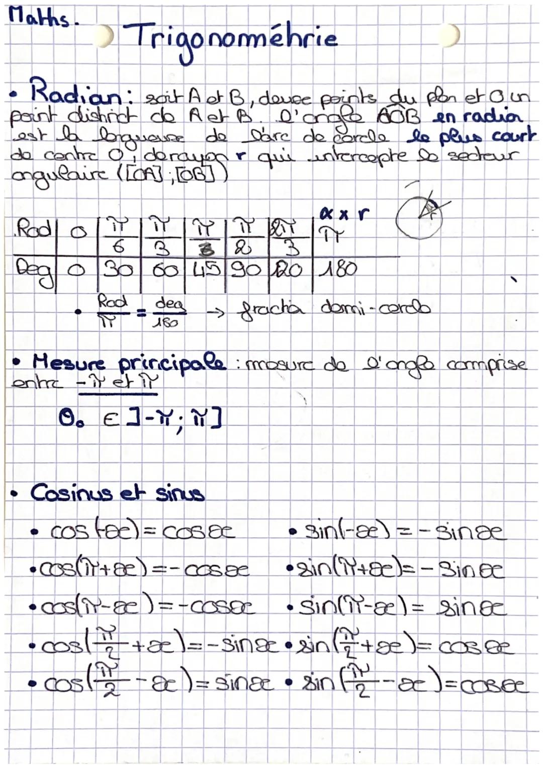 Maths.
Trigonoméhrie
Radian: soit A et B, deuse points du pon et 0 un
point district de A et B. l'ongle BOB en radion
est la bigueuse de l'a