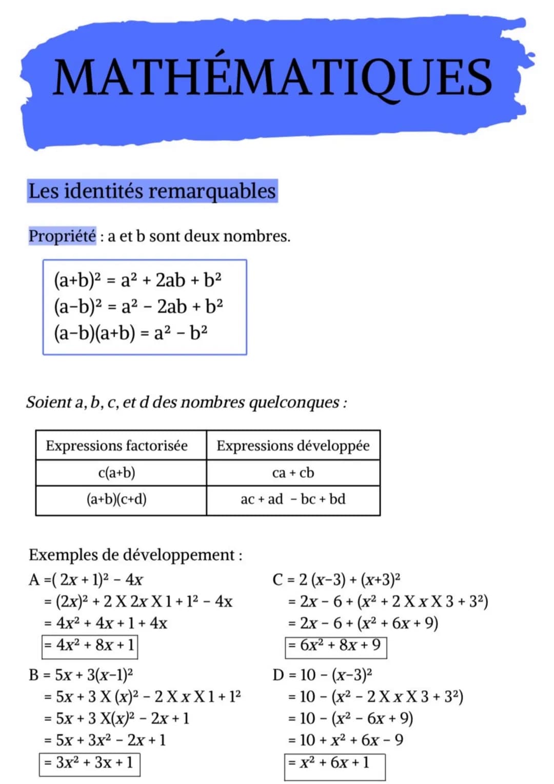 MATHÉMATIQUES
Les identités remarquables
Propriété : a
: a et b sont deux nombres.
(a+b)² = a² + 2ab + b²
(a-b)² = a² - 2ab + b²
(a-b)(a+b) 