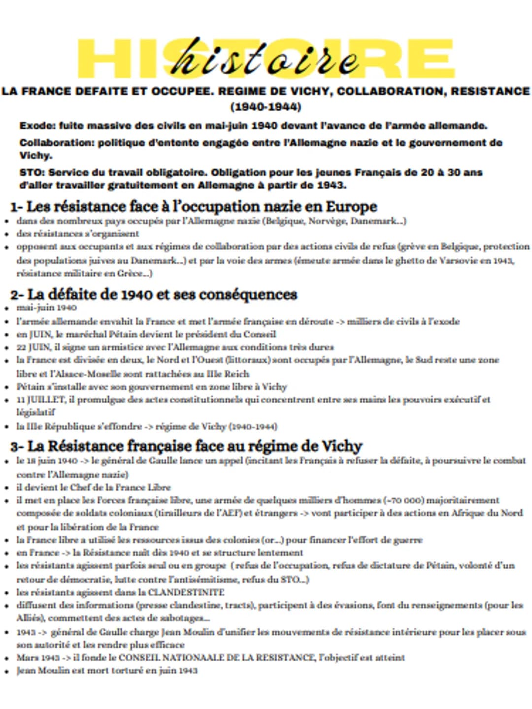 H histoireRE
LA FRANCE DEFAITE ET OCCUPEE. REGIME DE VICHY, COLLABORATION, RESISTANCE
(1940-1944)
Exode: fuite massive des civils en mai-jui