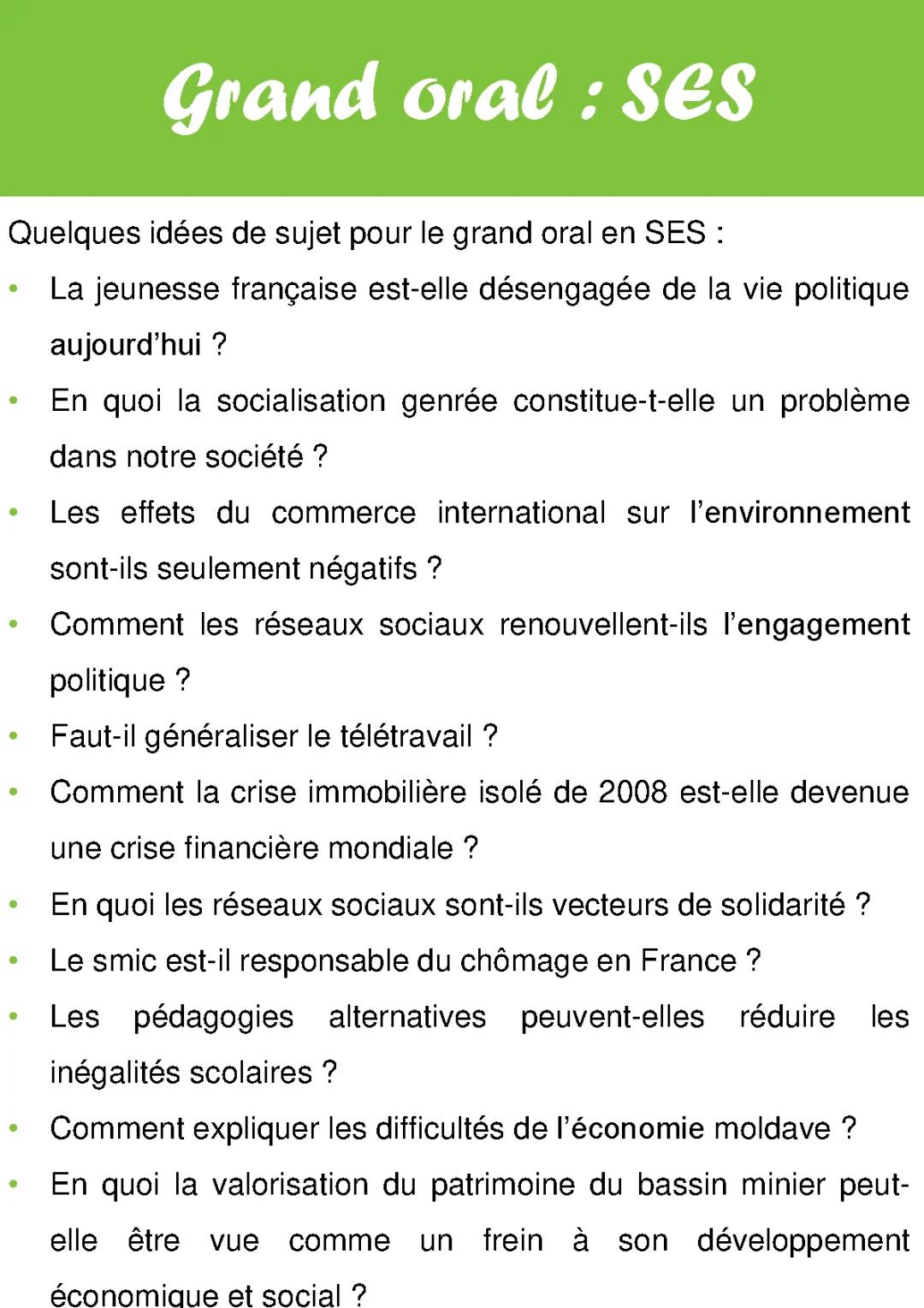 Sujet Grand Oral SES 2024 : Sociologie, Économie et SVT