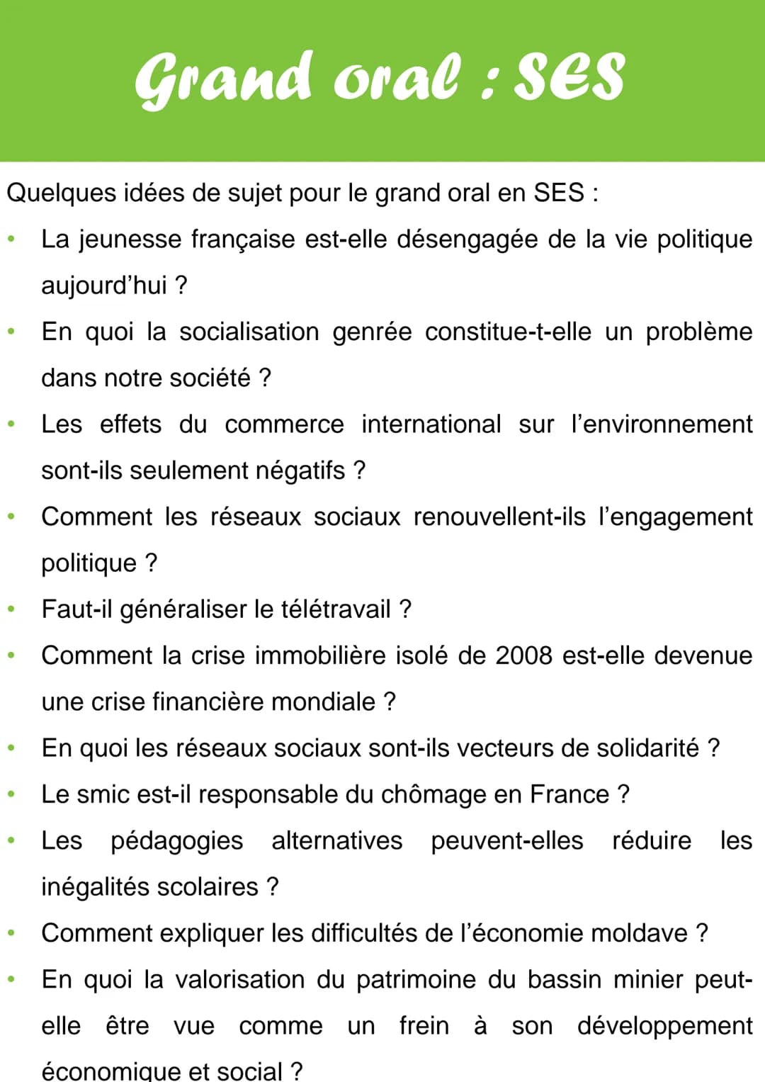 Quelques idées de sujet pour le grand oral en SES :
La jeunesse française est-elle désengagée de la vie politique
aujourd'hui ?
En quoi la s