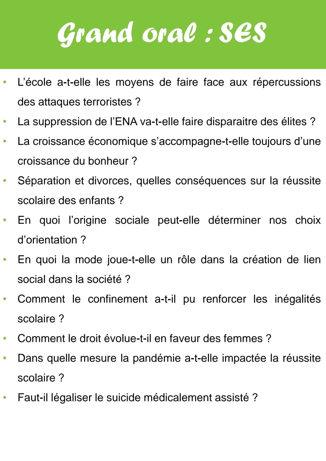 Quelques idées de sujet pour le grand oral en SES :
La jeunesse française est-elle désengagée de la vie politique
aujourd'hui ?
En quoi la s