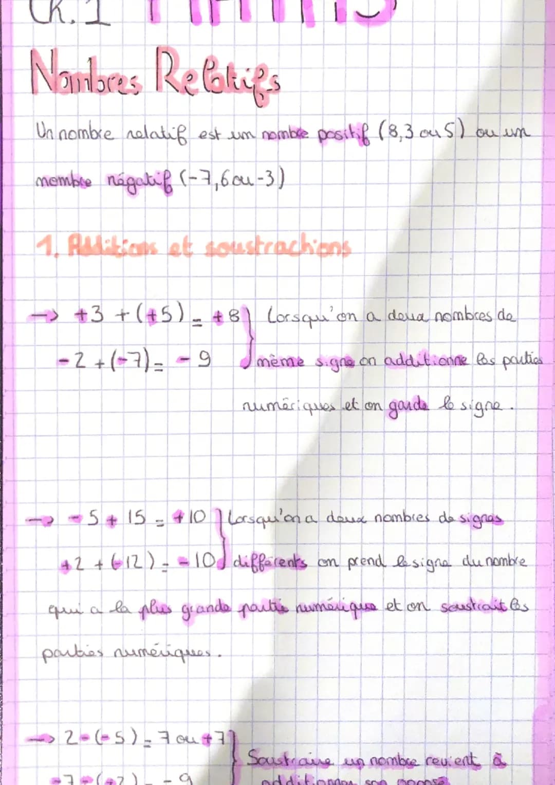 (k. 1
Nambres Refolkigs
Un nombre relatif est un nombre positif (8,3 ou 5) ou un
nombre négatif (-7,6cu-3)
1. Additions et soustractions
-> 