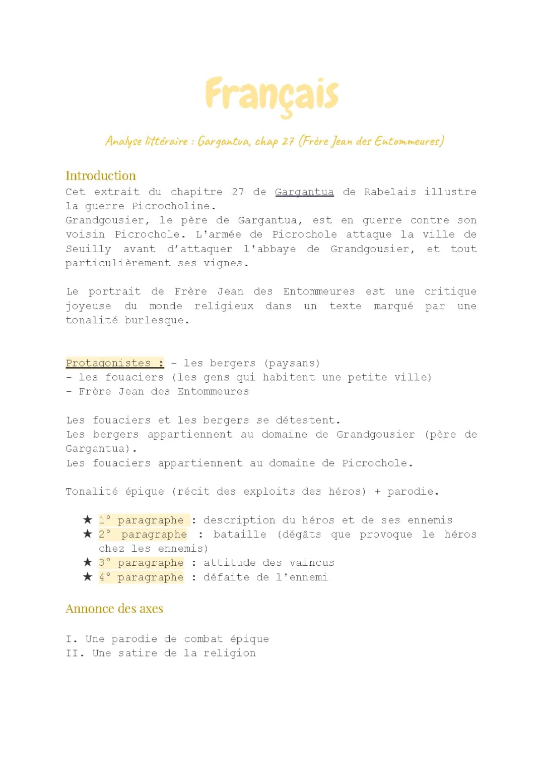 Analyse de Gargantua, chapitre 27 : Personnages, Résumé, Analyse linéaire