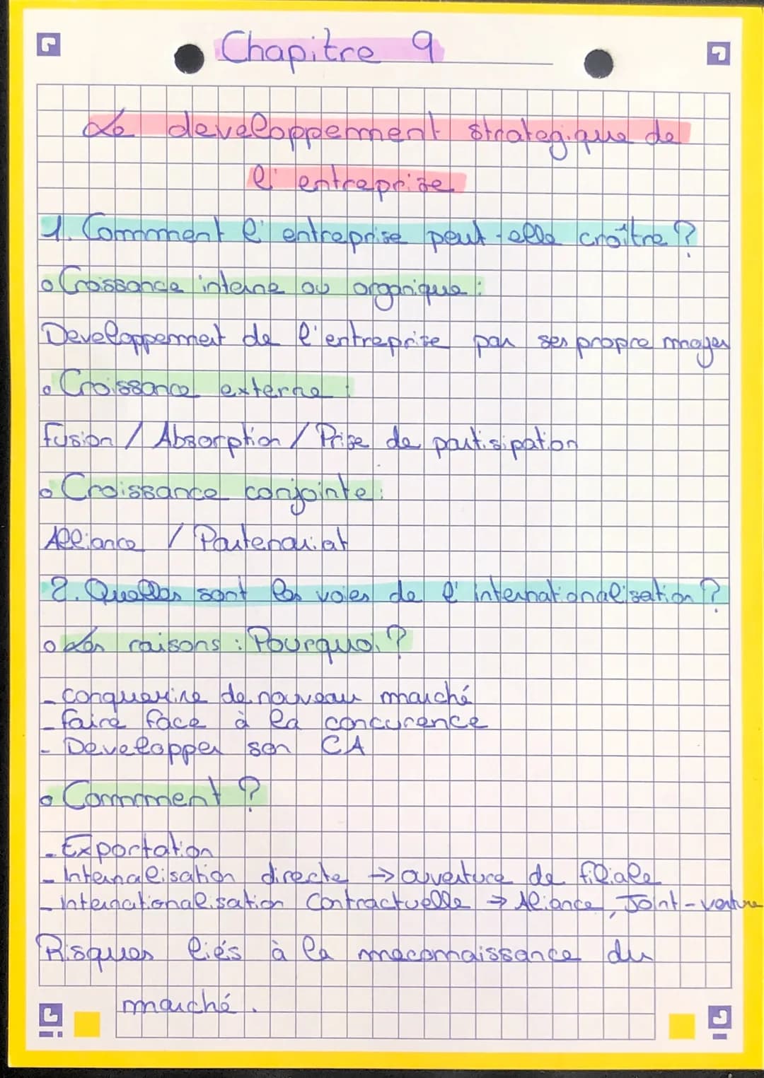 Chapitre 9
Le developpement
l'entreprise
strategique de
1. Comment l' entreprise peut elle croître ?
• Crossonce interne ou organique :
L
De