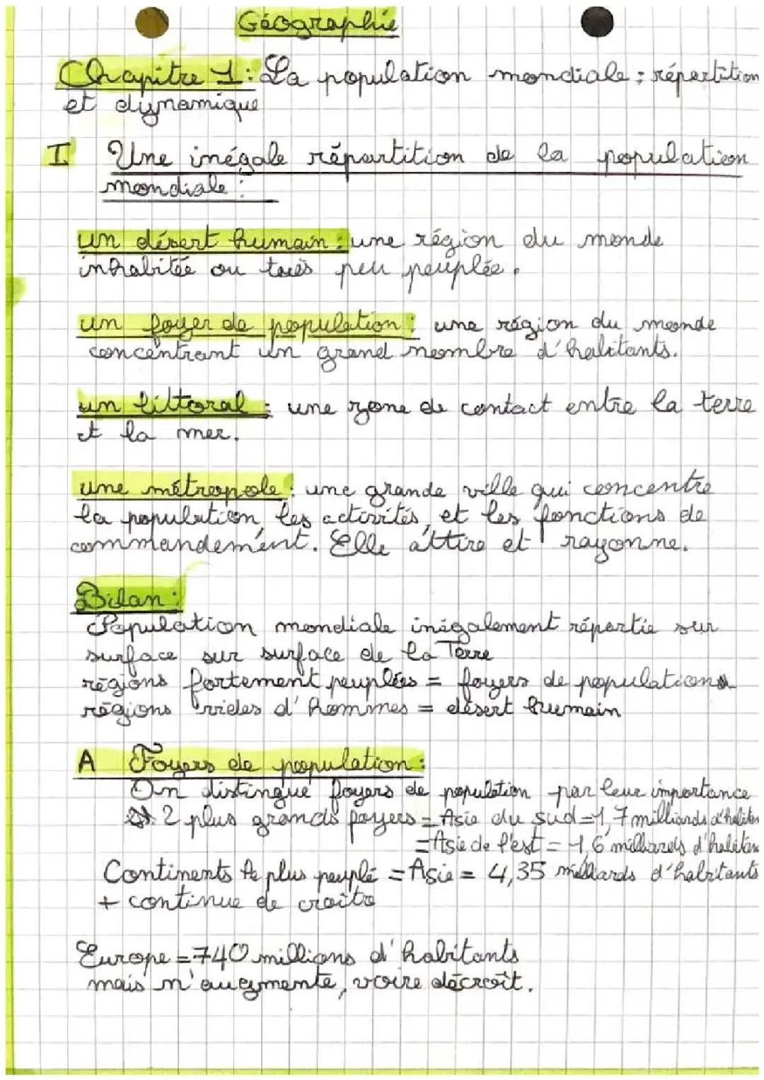 La répartition de la population mondiale: PDF, exercices, et contraintes naturelles pour la 6ème