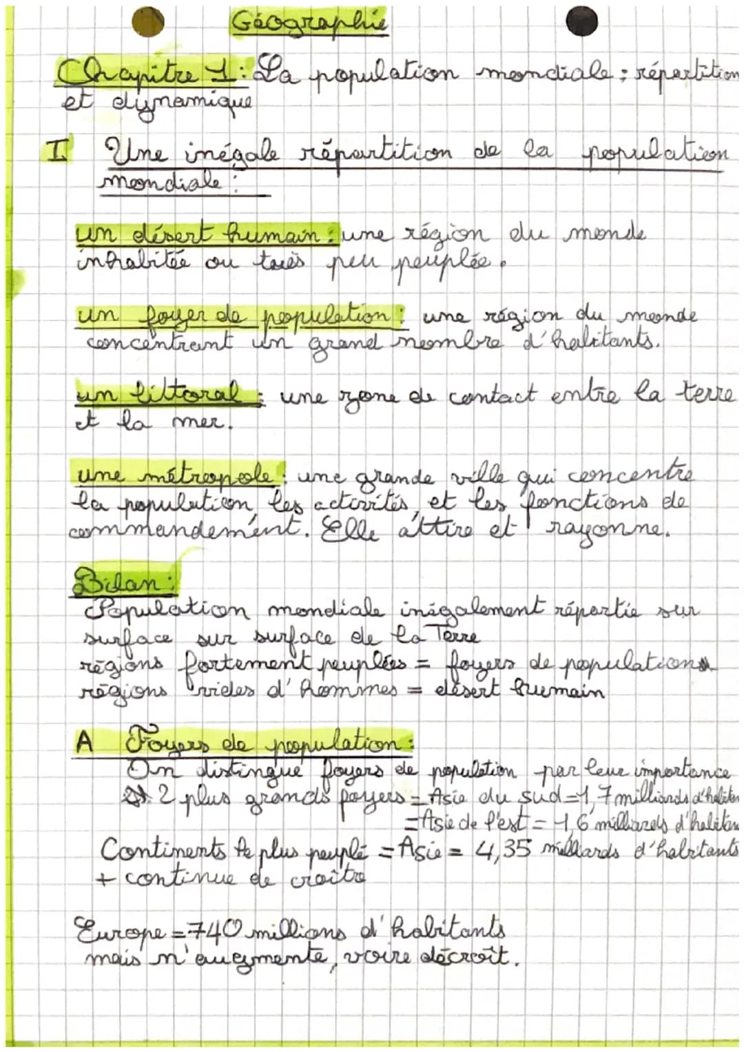 Géographie
Chapitre I : La population mondiale; répartition
et dynamique
I Une inégale répartition de la population
mondiale
un désert humai