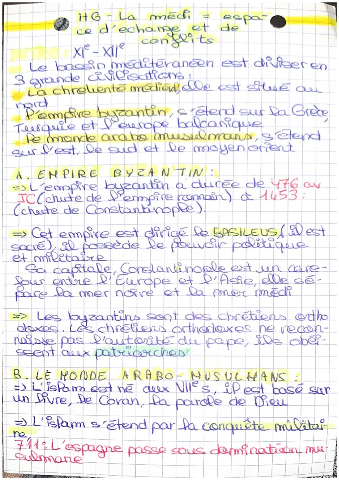 it G- La médi
4
✔ce d'echange et
XIe-xile conflits
espa
Le bassin mediteraneen est diviseren.
3 grande civilisations:
La chreliente mediend,