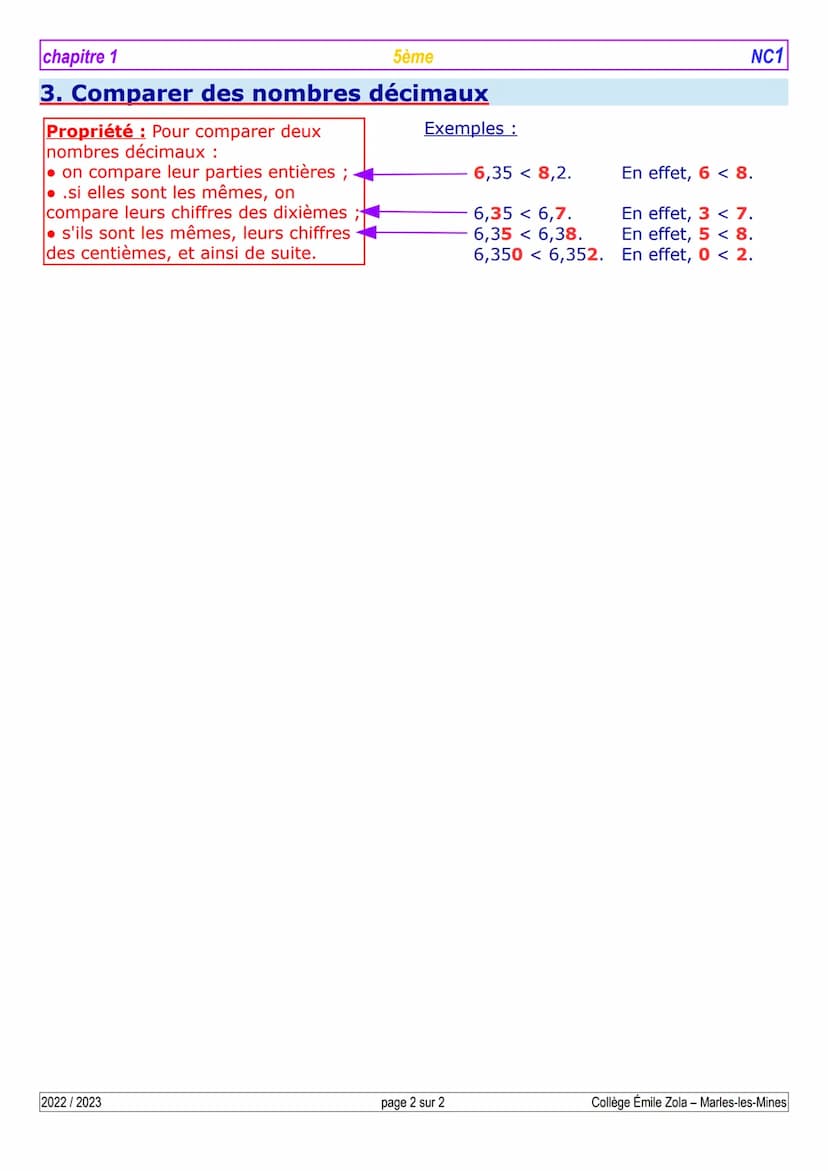 chapitre 1
5ème
NC1
NOMBRES DÉCIMAUX : PASSER D'UNE ÉCRITURE A UNE
AUTRE
Notions: Nombres entiers, numération décimale, comparaison, rangeme