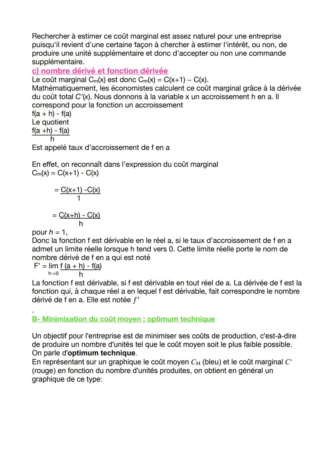 Grand Oral Maths
NB
coût marginal coût de la dernière unité produite; c'est le supplément de coût engendré
par une production supplémentaire