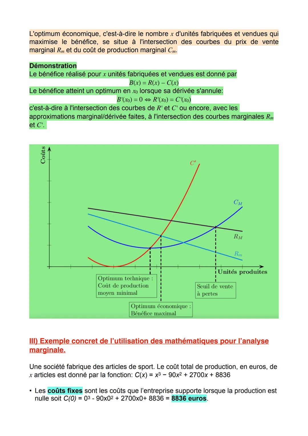 Grand Oral Maths
NB
coût marginal coût de la dernière unité produite; c'est le supplément de coût engendré
par une production supplémentaire