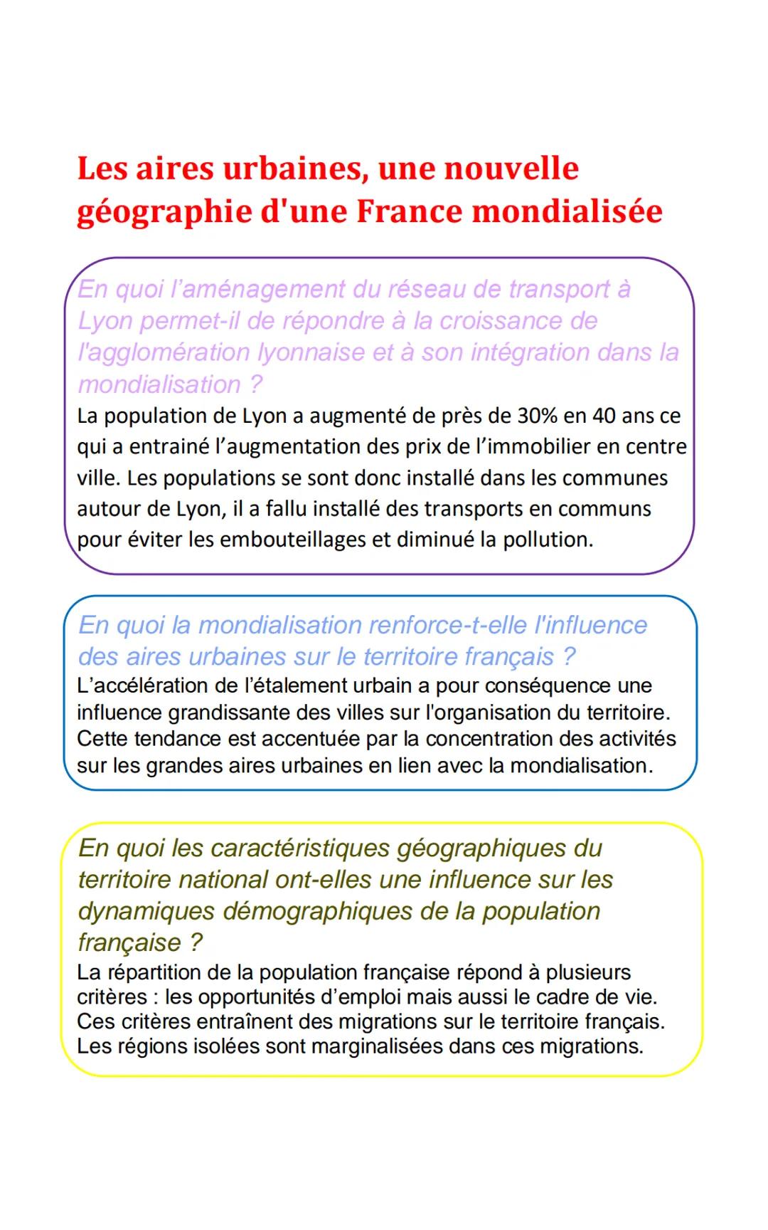 Les aires urbaines, une nouvelle
géographie d'une France mondialisée
En quoi l'aménagement du réseau de transport à
Lyon permet-il de répond